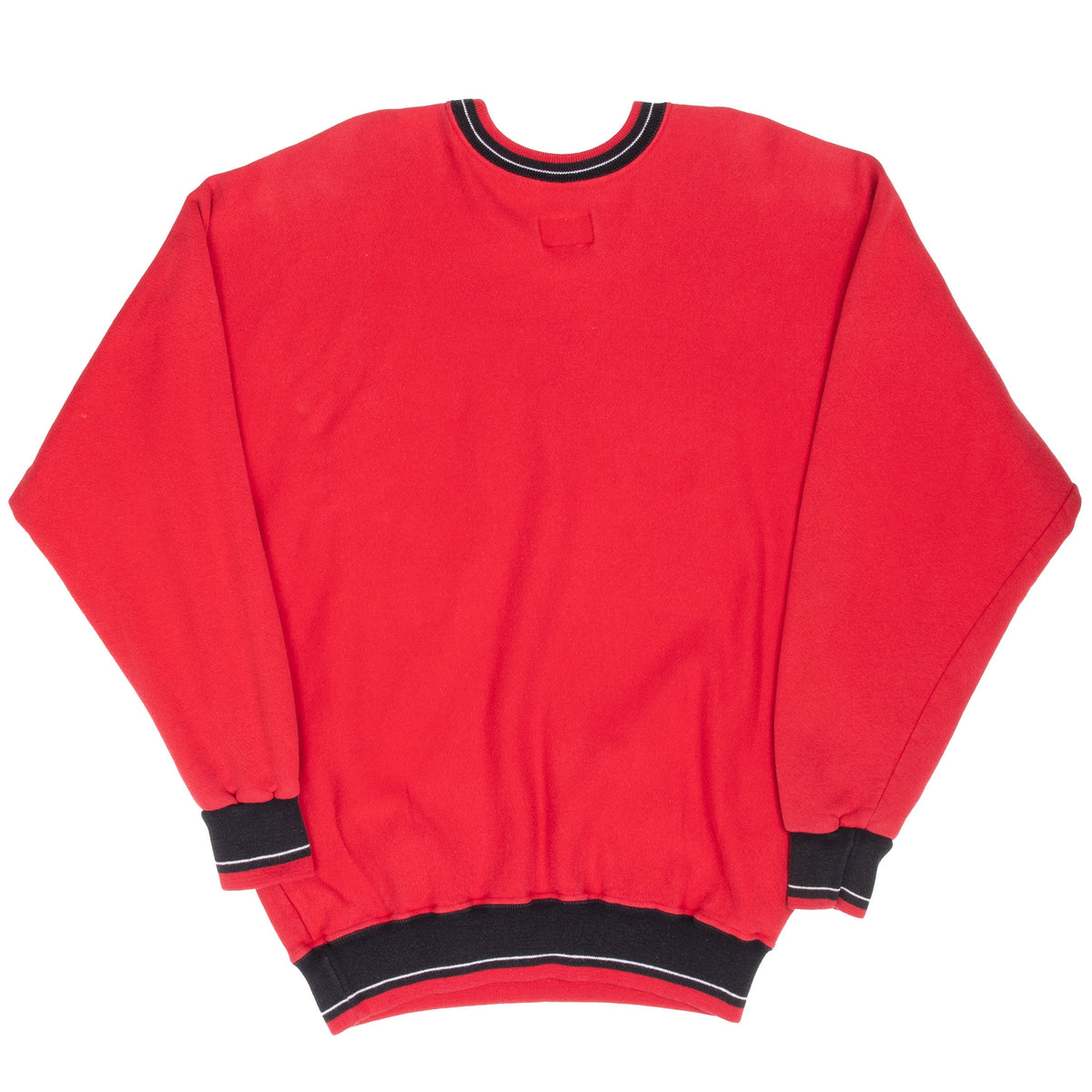 Back of red Kansas City Chiefs sweatshirt with striped collar, cuffs, and hem
