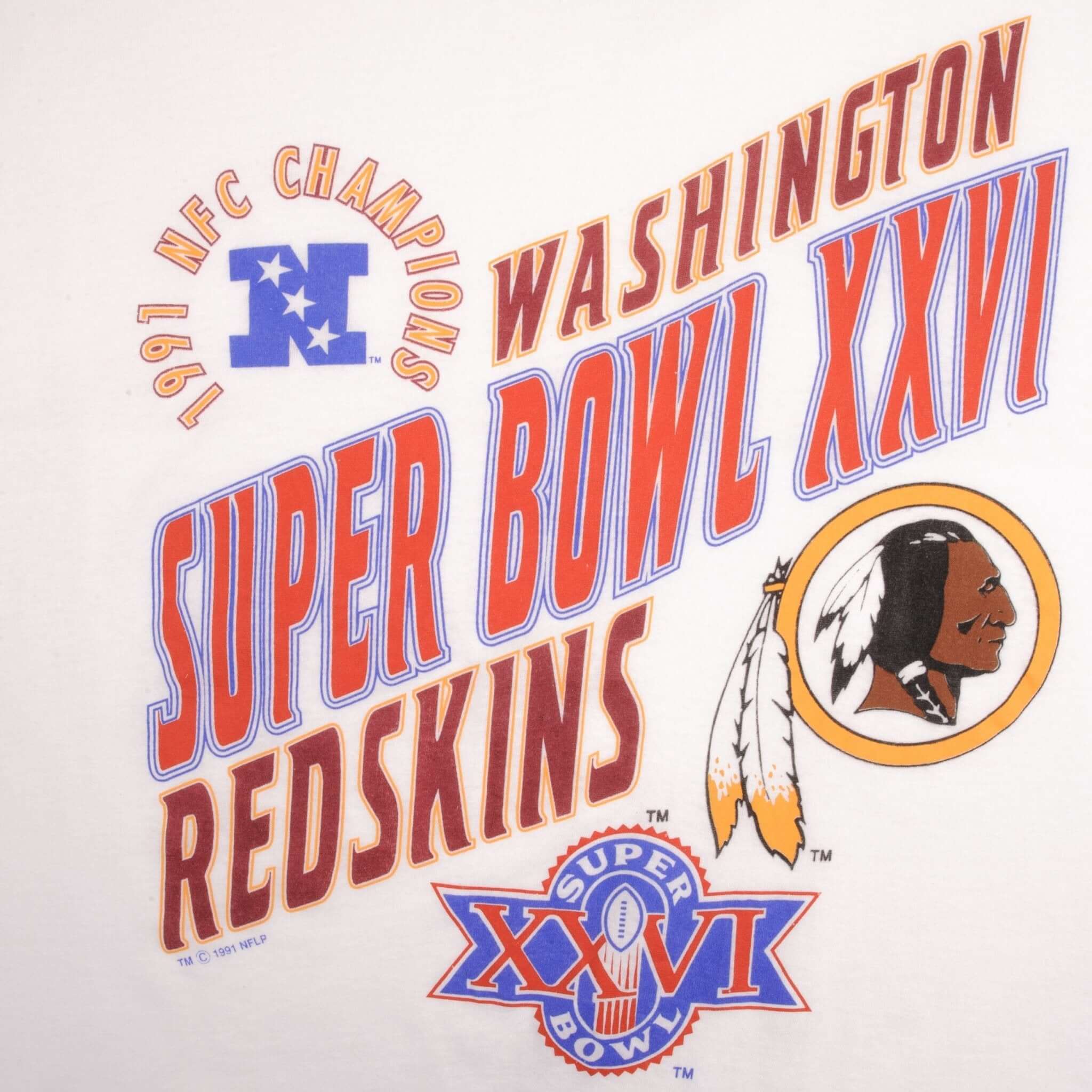 Vintage Nfl Washington Redskins Super Bowl Xxvi 1992 Tee Shirt Size XL With Single Stitch Sleeves