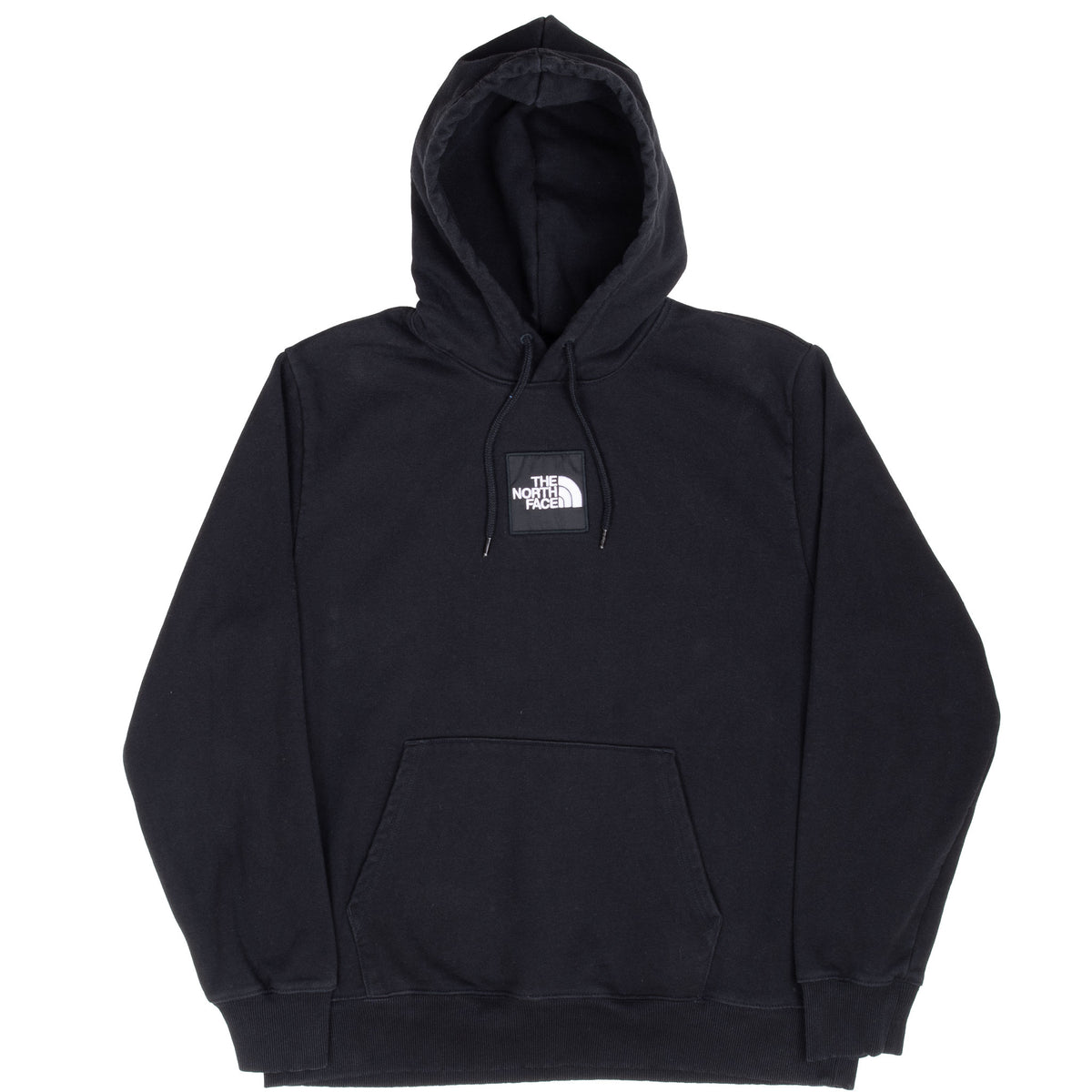Front view of black The North Face hoodie with drawstring hood and logo patch