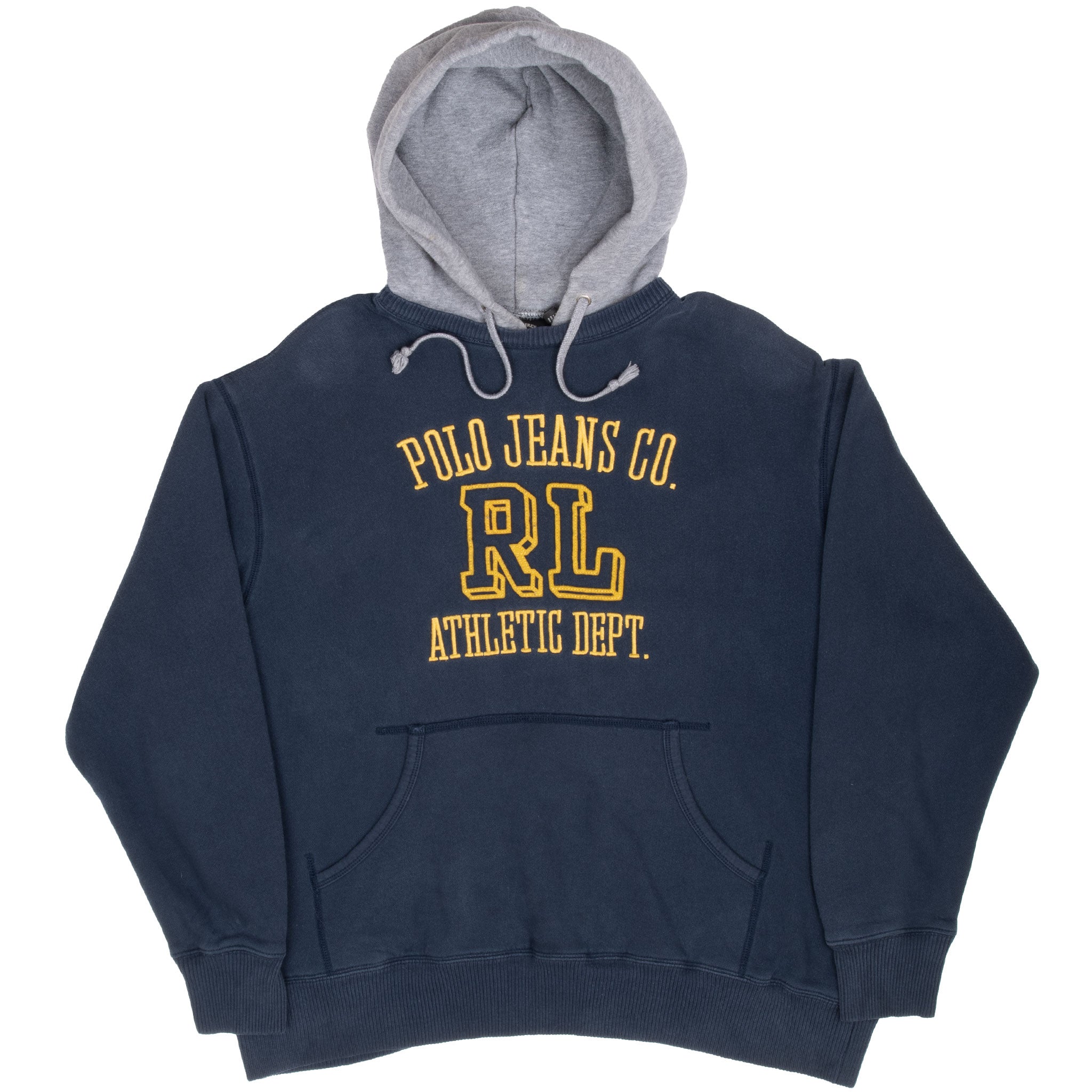 Full front of navy Ralph Lauren Polo Jeans hoodie with gray hood and kangaroo pocket