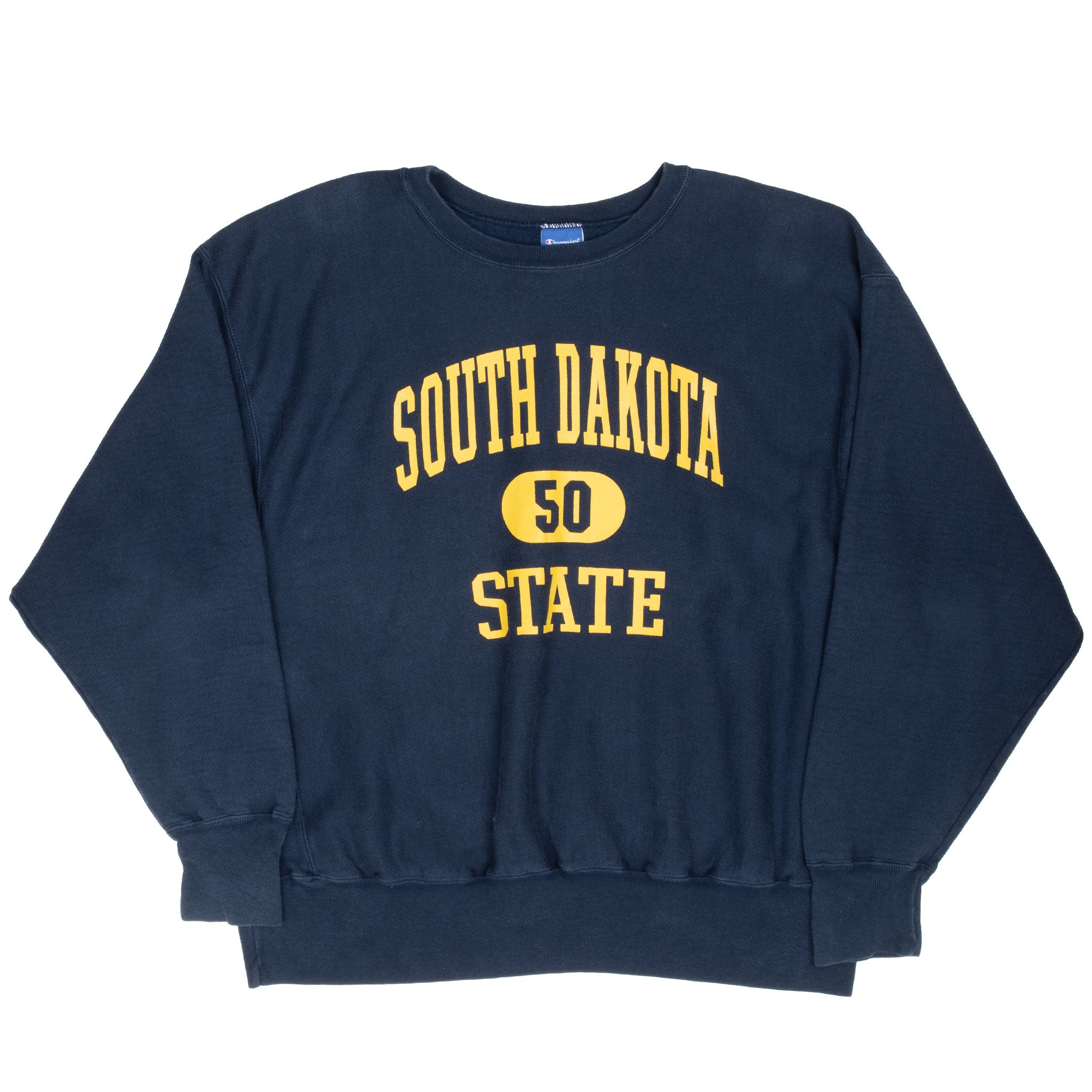 Full front of navy Champion Reverse Weave South Dakota State sweatshirt