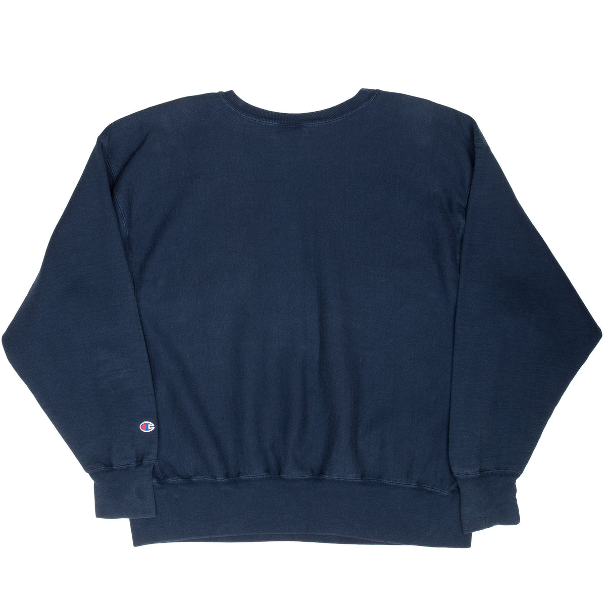 Back of navy Champion Reverse Weave sweatshirt with small sleeve logo