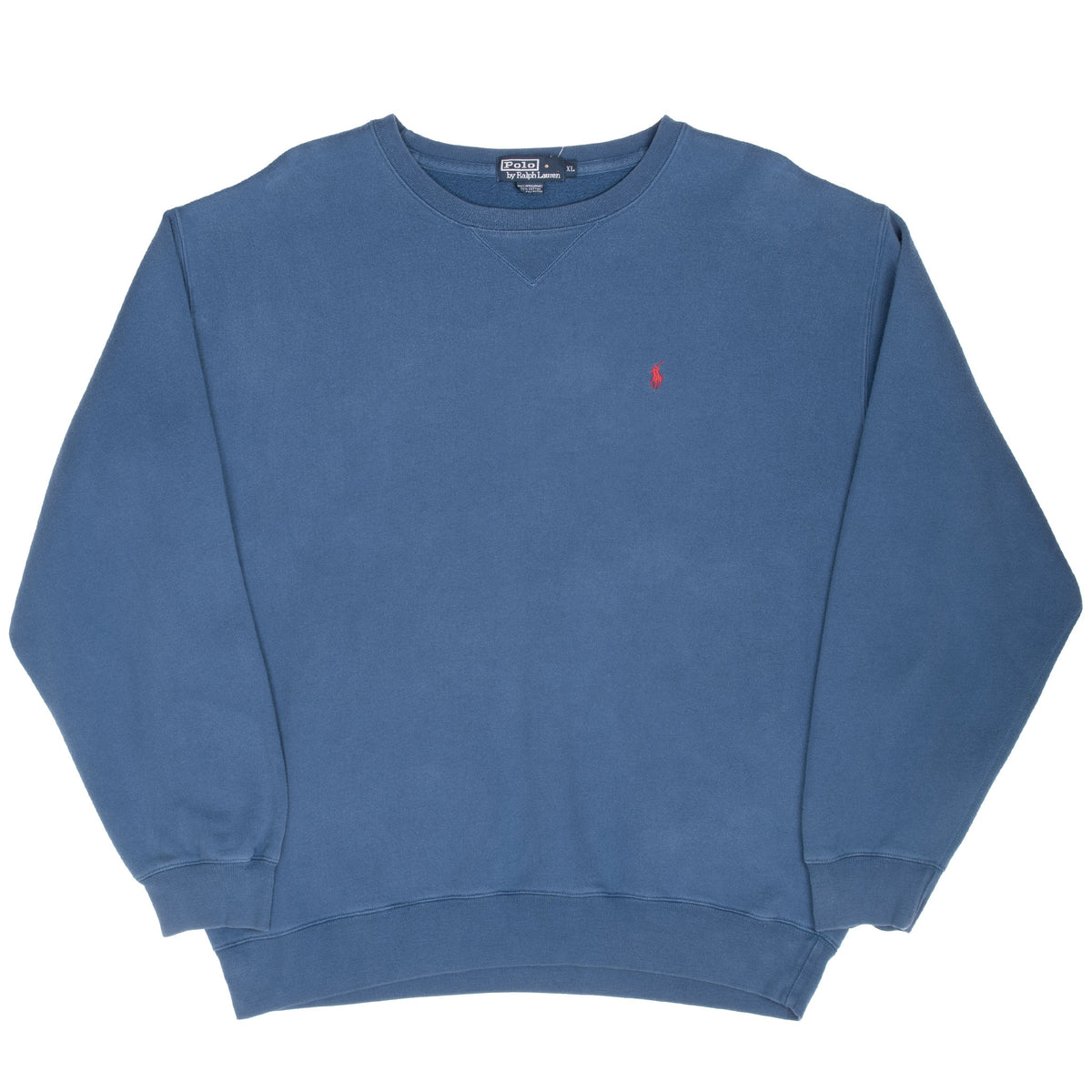 Full front view of blue Polo Ralph Lauren crewneck sweatshirt