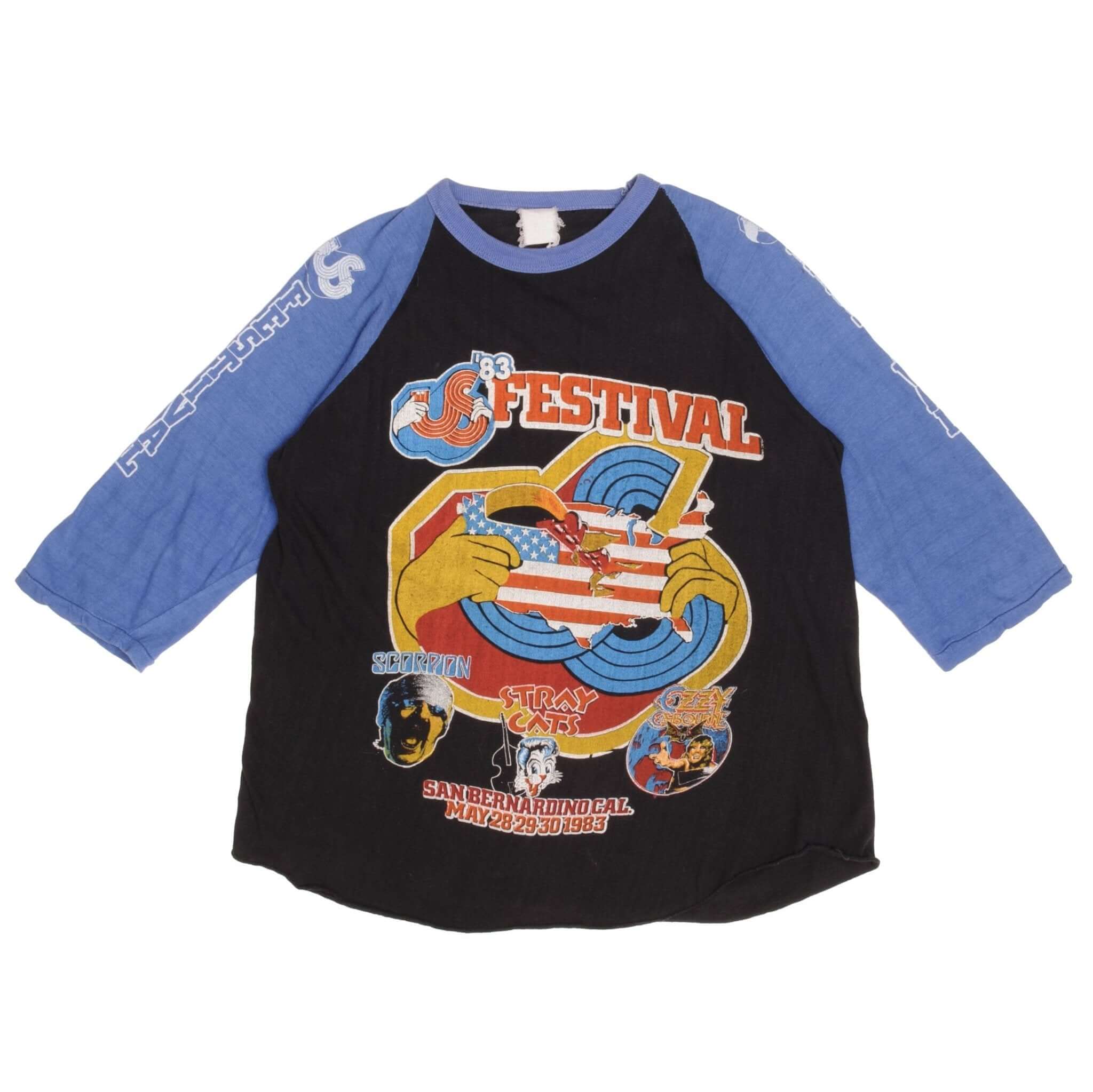 Vintage Original Us Festival Featuring Ozzy Osbourne, Scorpion, Stray Cats, David Bowie, Van Halen, The Clash and more. Half Sleeve Tee Shirt 1983 Size Large Made In USA With Single Stitch Sleeves The US Festival (US pronounced like the pronoun, not as initials) was the name of two early 1980s music and culture festivals in southern California, held sixty miles (100 km) east of Los Angeles, near San Bernardino.
