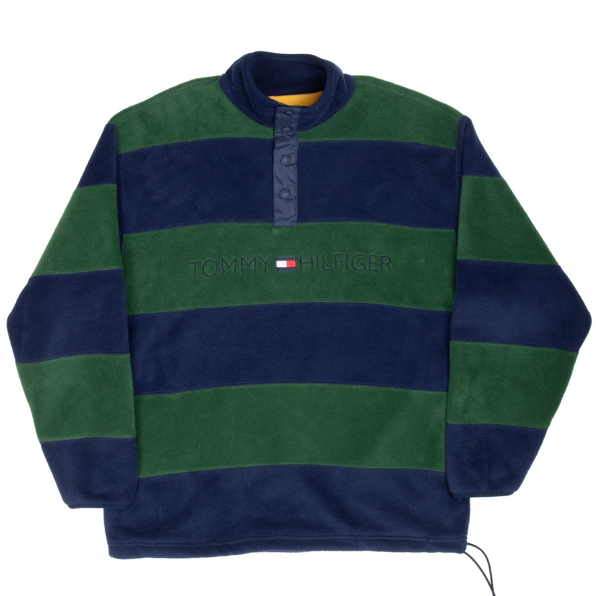 Full front view of navy and green striped Tommy Hilfiger pullover fleece jacket