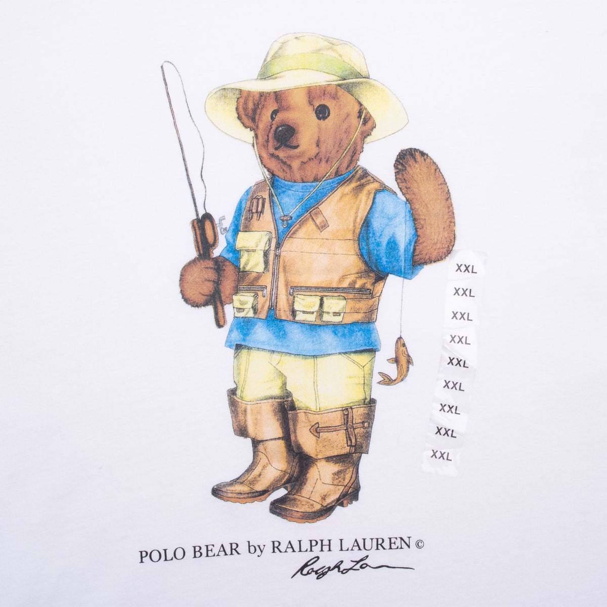Vintage Ralph Lauren Polo Bear Fisherman White Tee Shirt 1990S Size 2XL With Single Stitch Sleeves Deadstock