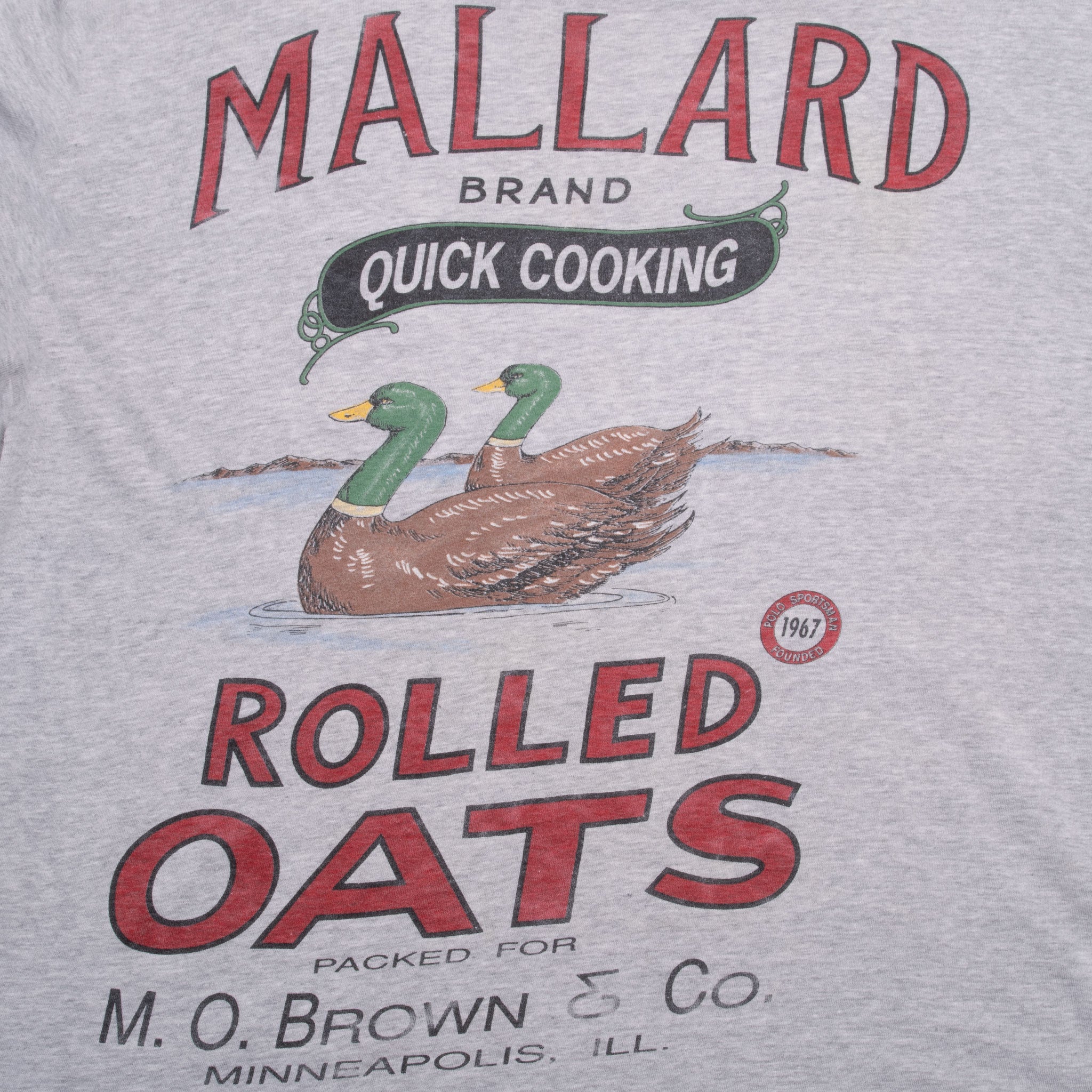 Vintage Ralph Lauren Mallard Rolled Oats Grey Tee Shirt 1990S Size Large With Single Stitch Sleeves