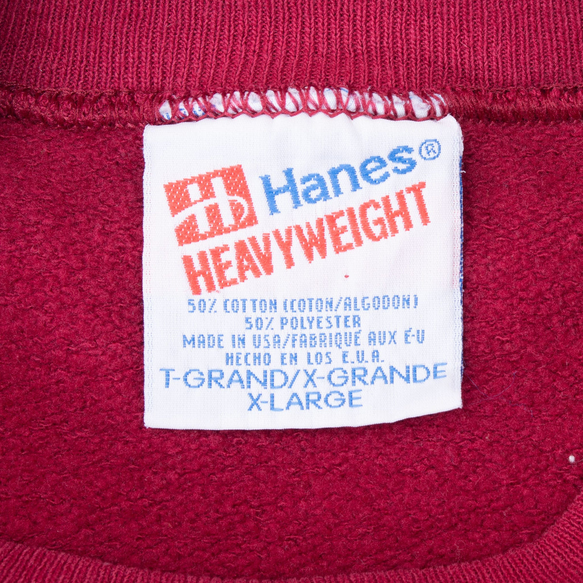Hanes Heavyweight XL neck label on burgundy sweatshirt