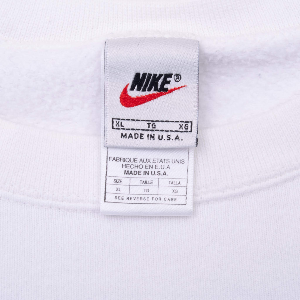 Nike neck tag showing XL sizing and Made in U.S.A. text