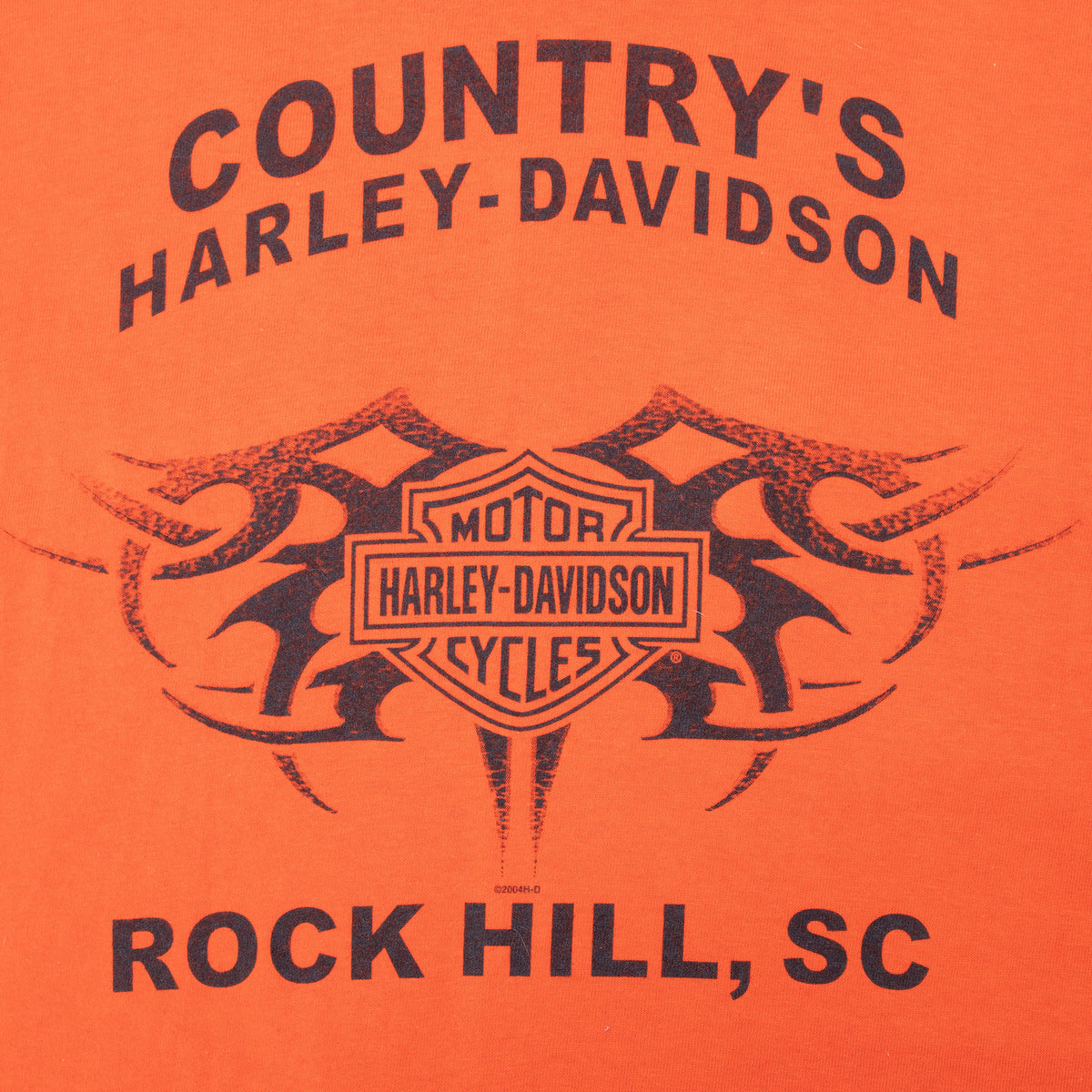 Back print detail reading Country's Harley-Davidson and Rock Hill, SC