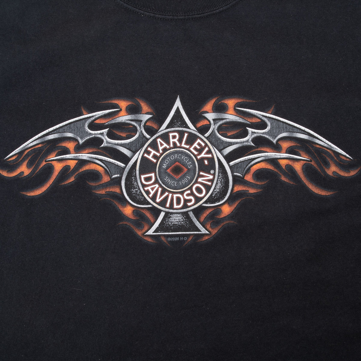Close-up of Harley-Davidson spade and orange flame front graphic