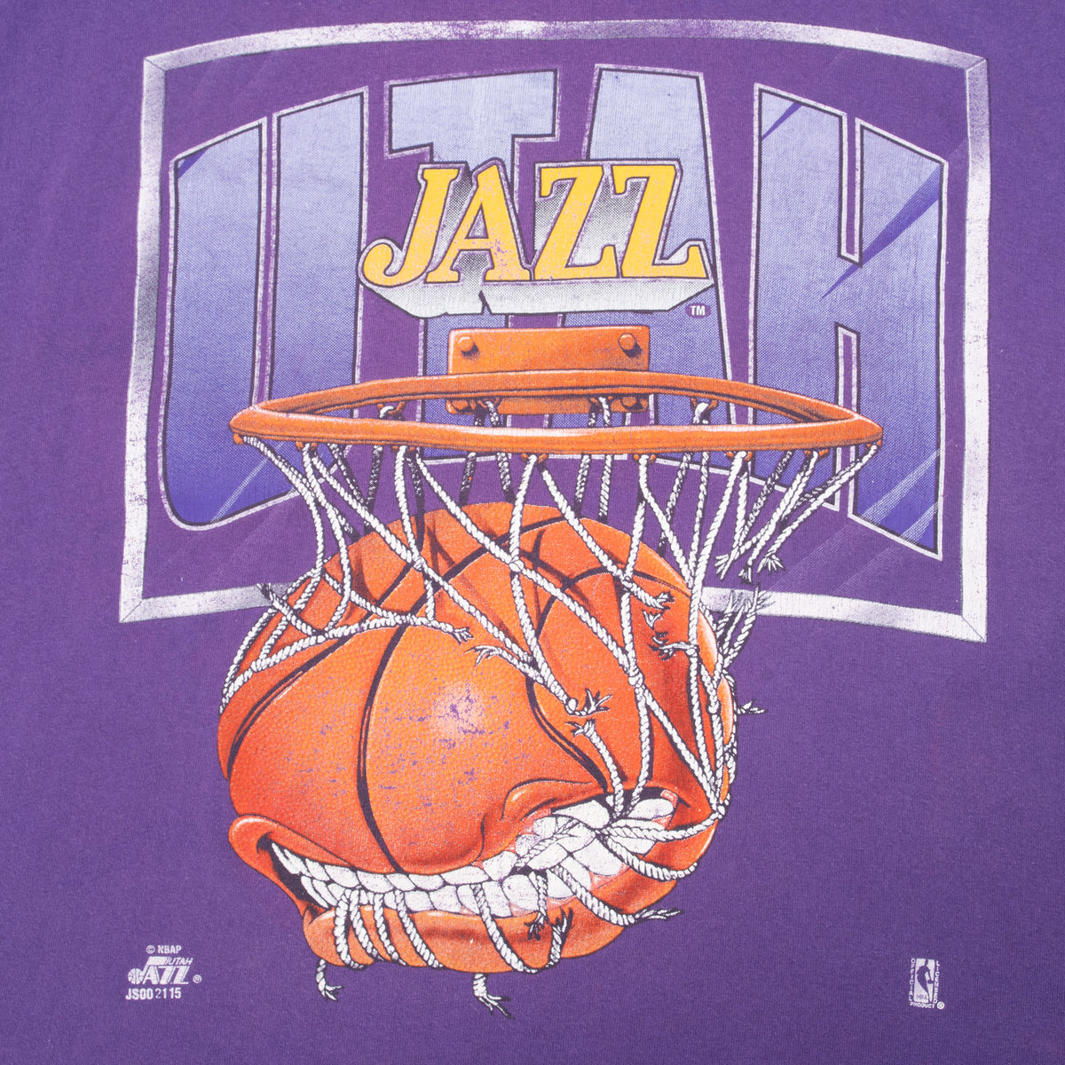 Utah Jazz front graphic with basketball tangled in a hoop net