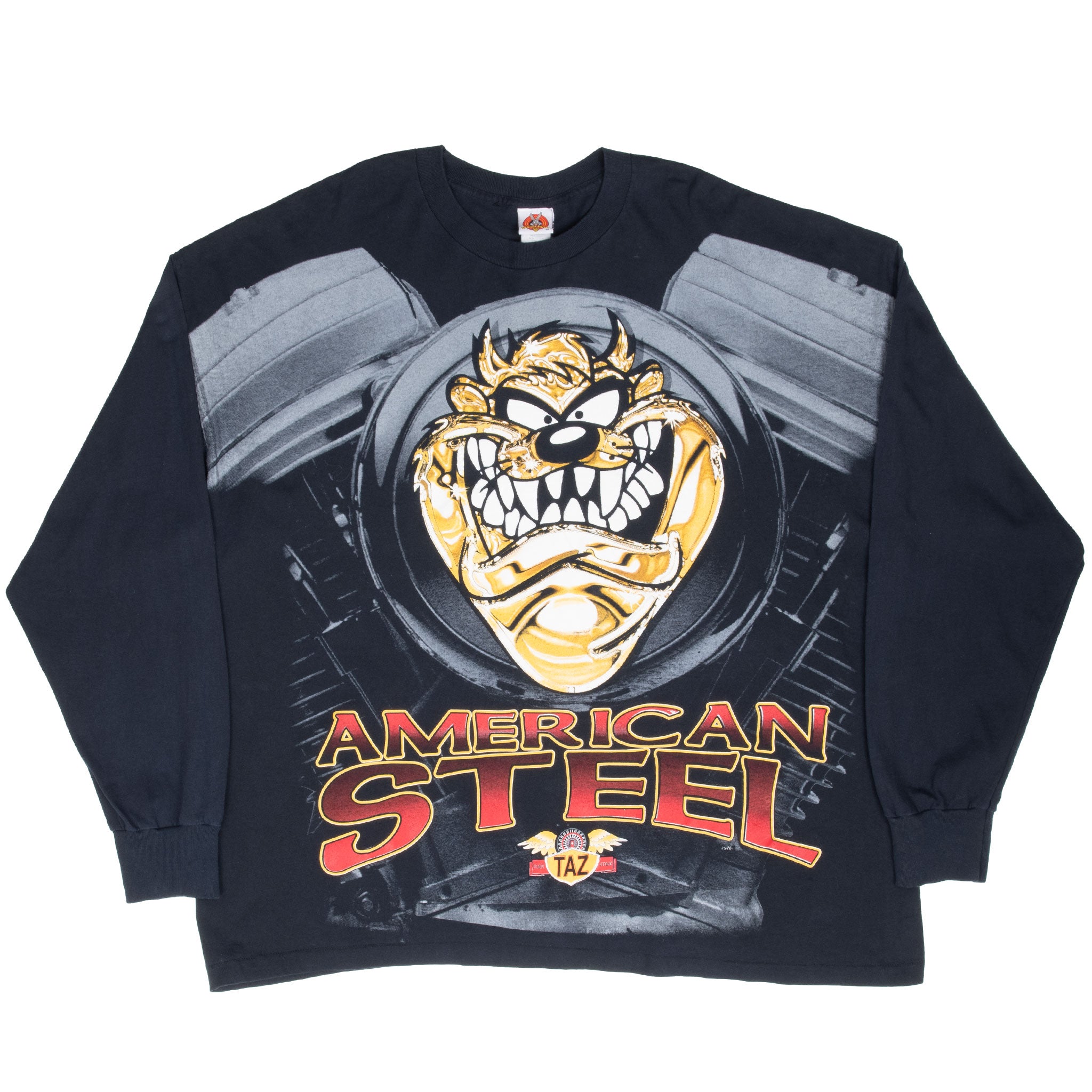 Vintage Looney Tunes Taz Biker All Over Print Long Sleeve Tee Shirt 1997 Size 3XL Made in Usa