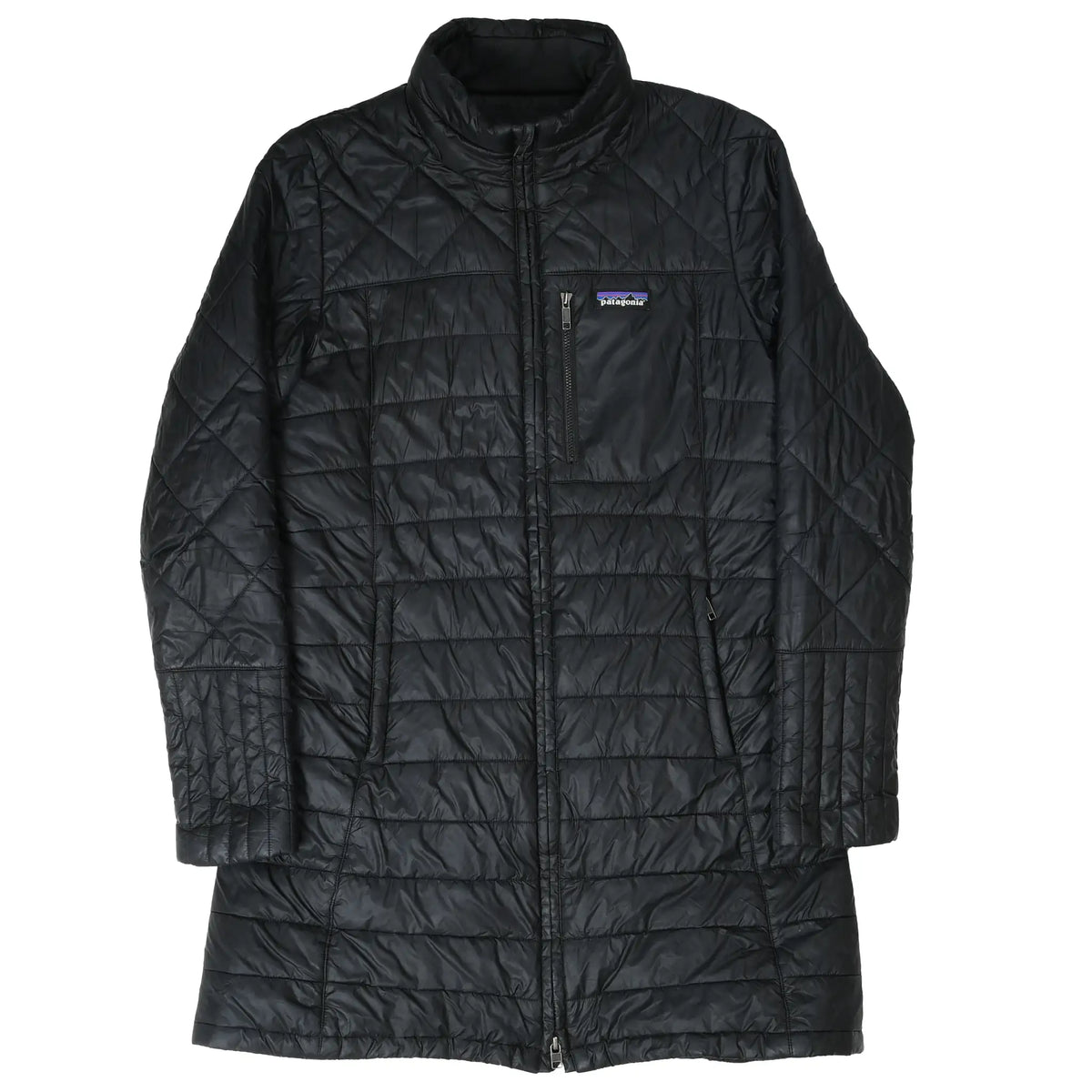 Front of black Patagonia Radalie quilted parka fully zipped