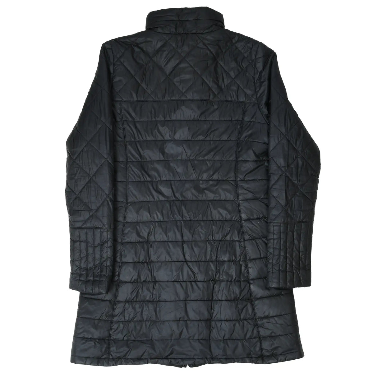 Back of black Patagonia Radalie quilted parka with stand collar