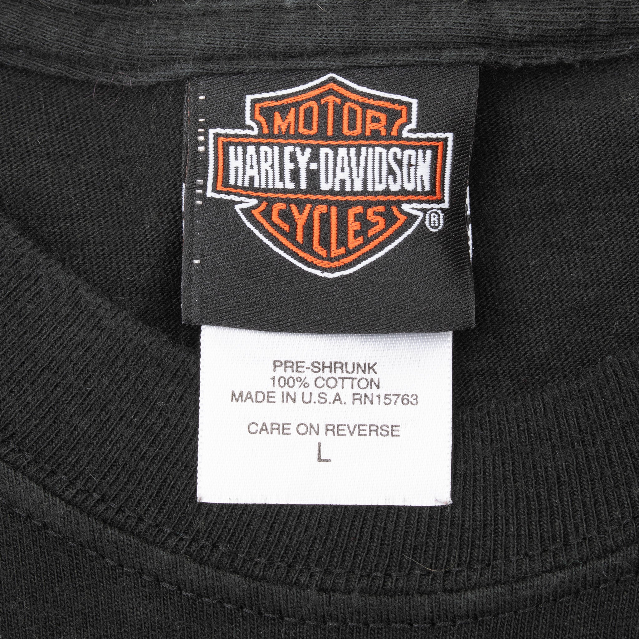 Harley-Davidson neck tag and care label marked 100% cotton, made in USA, size large