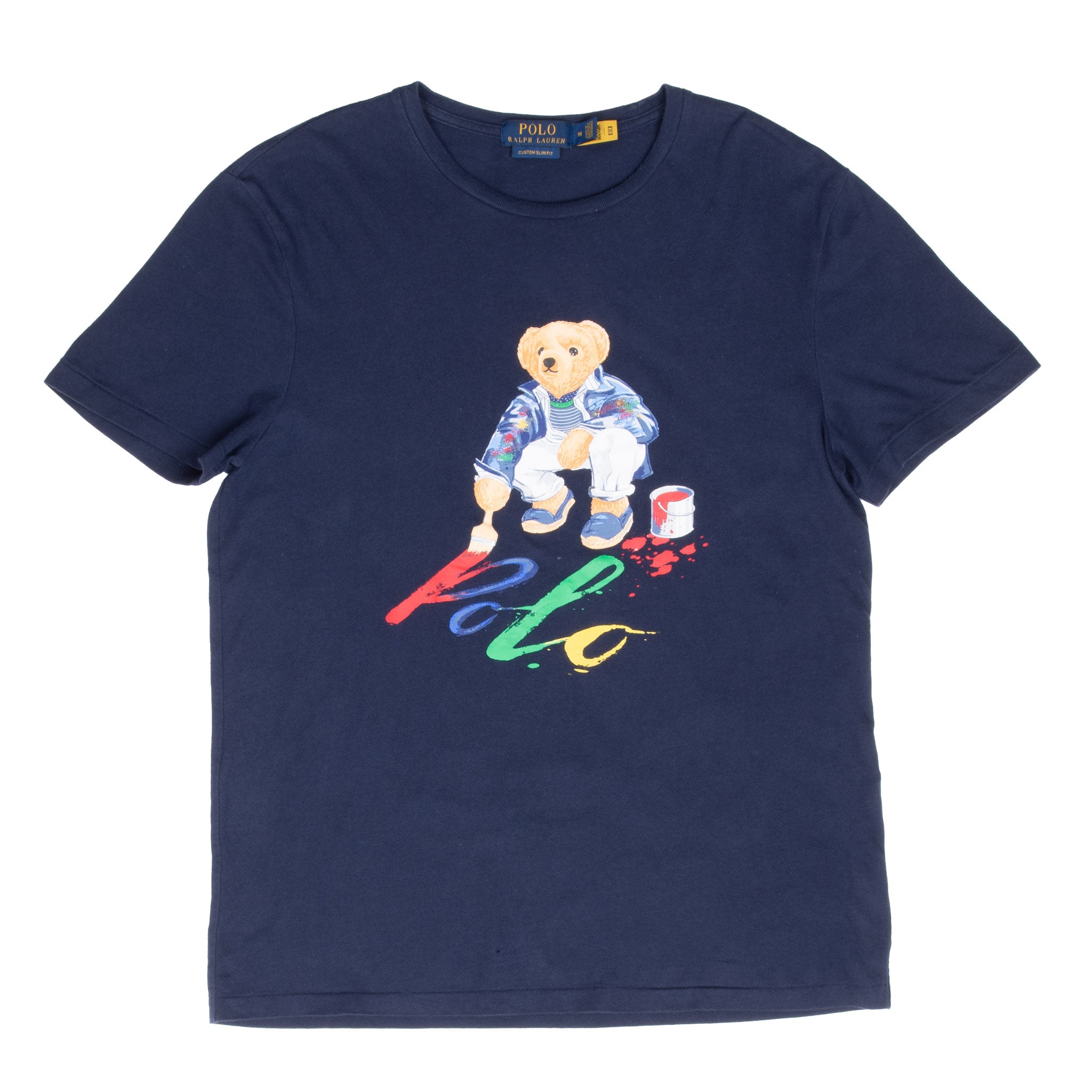 Vintage Ralph Lauren Polo Bear Painting Navy Blue Tee Shirt Size Medium With Single Stitch Sleeves