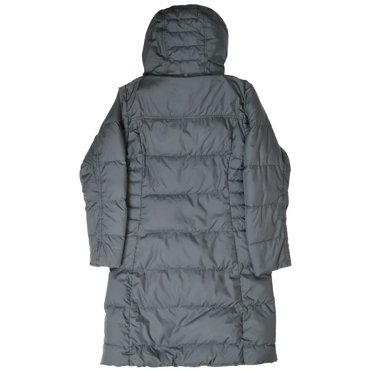 Back view of gray Patagonia women's hooded down parka