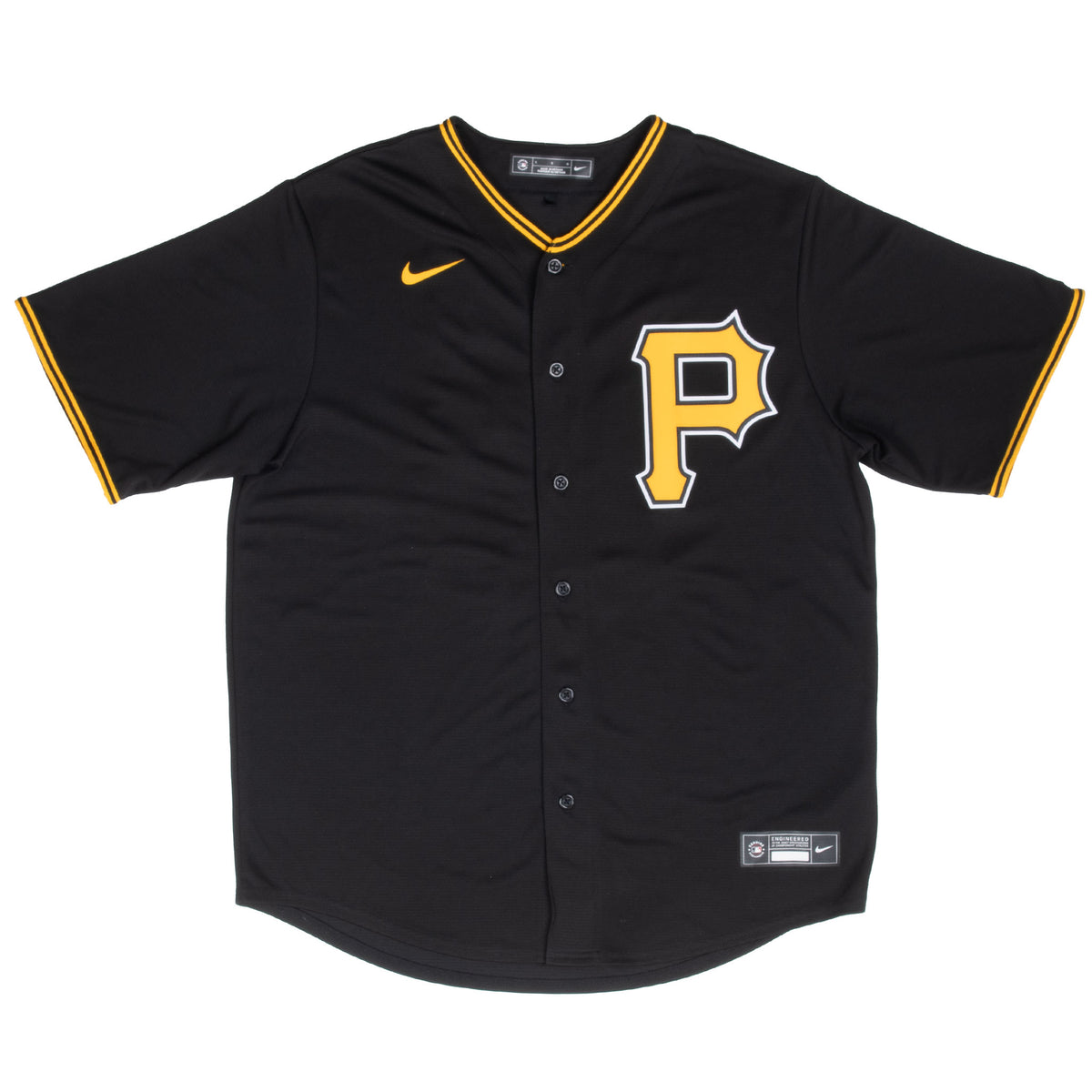 Front of black Nike Pittsburgh Pirates button-front jersey with yellow trim and P logo