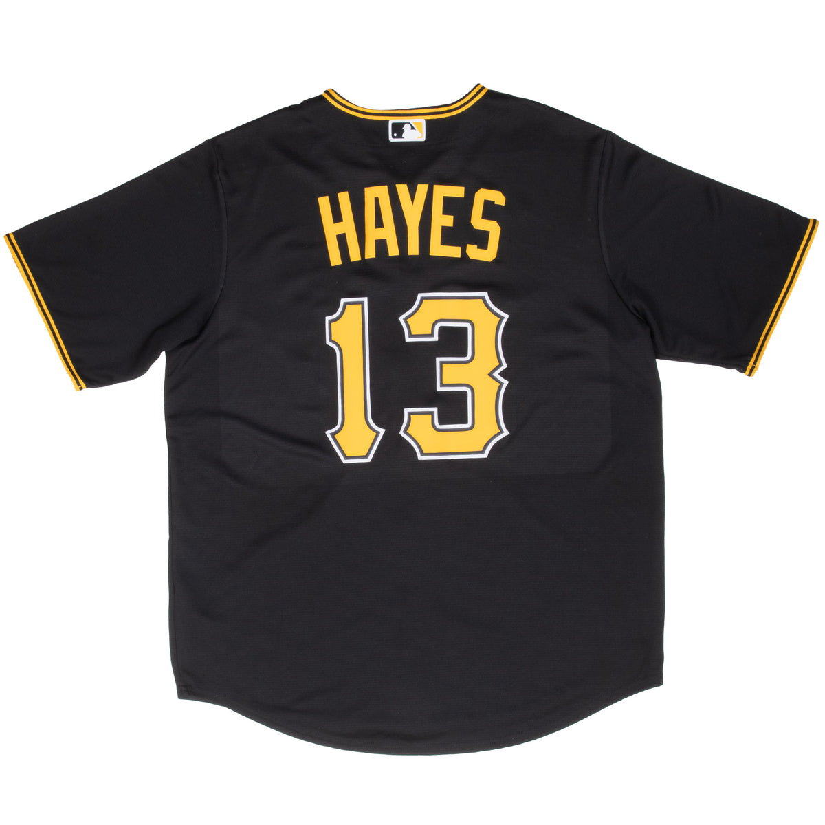 Back of black Pittsburgh Pirates jersey with Hayes name and number 13 in yellow