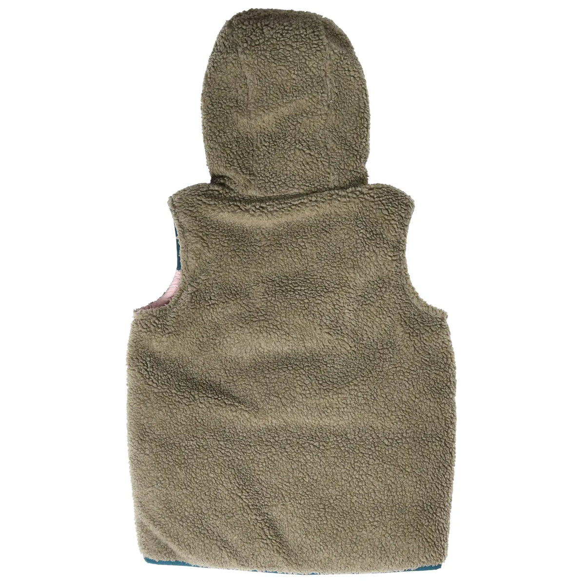 Back of Patagonia Bivy hooded vest reversed to olive fleece