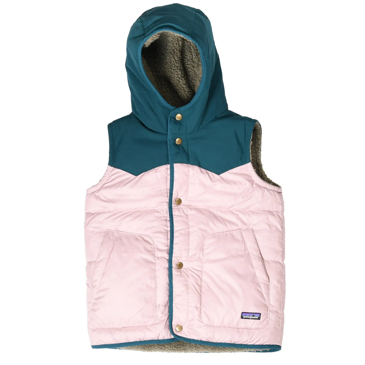 Front of Patagonia Bivy reversible hooded puffer vest in pale pink and teal