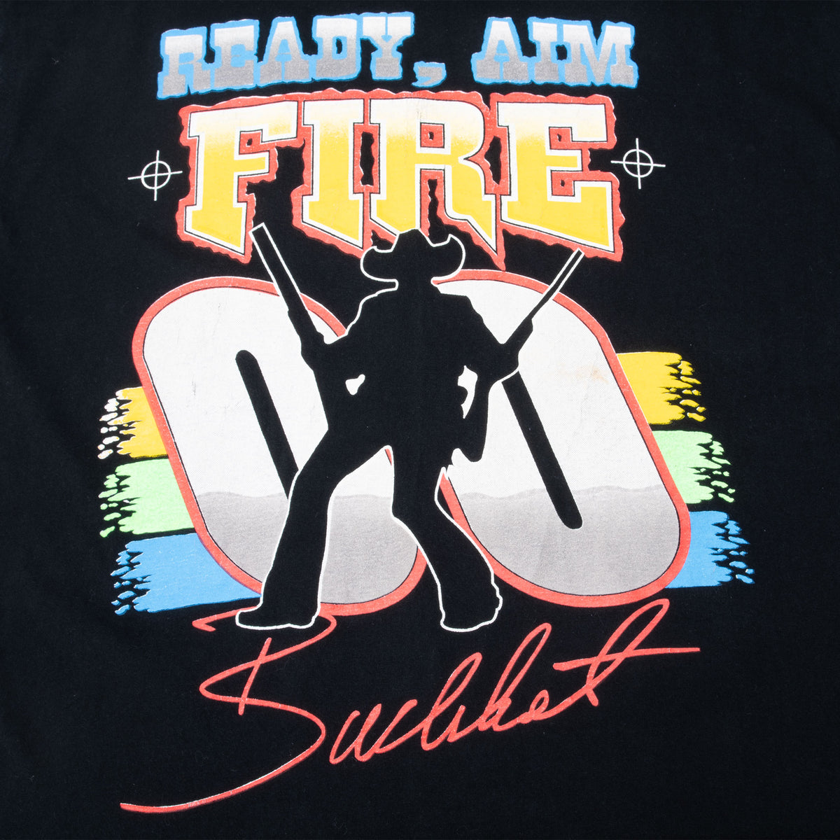 Close-up of back Ready, Aim, Fire No. 00 graphic with Buckshot signature