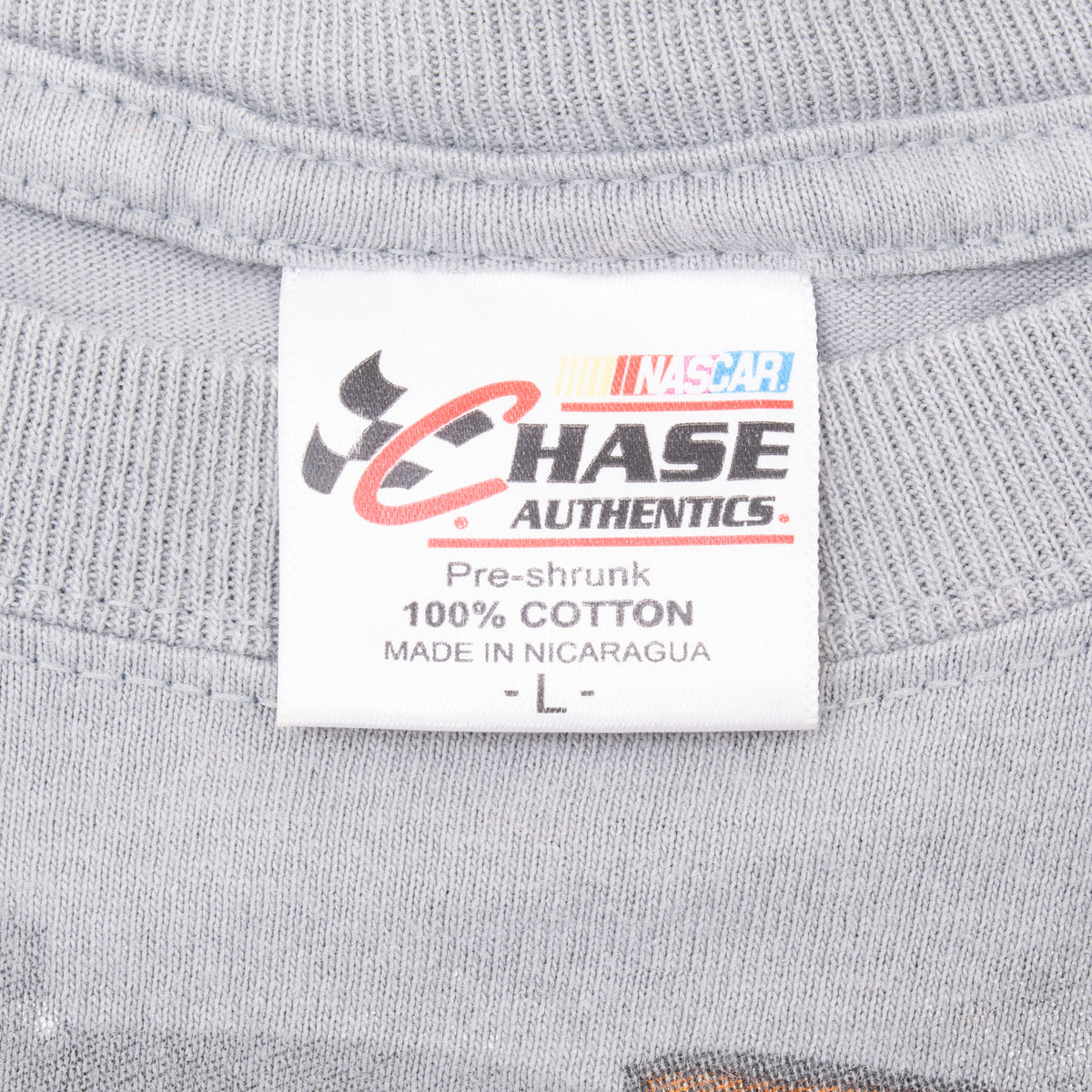 Chase Authentics NASCAR neck tag marked size L on gray T-shirt
