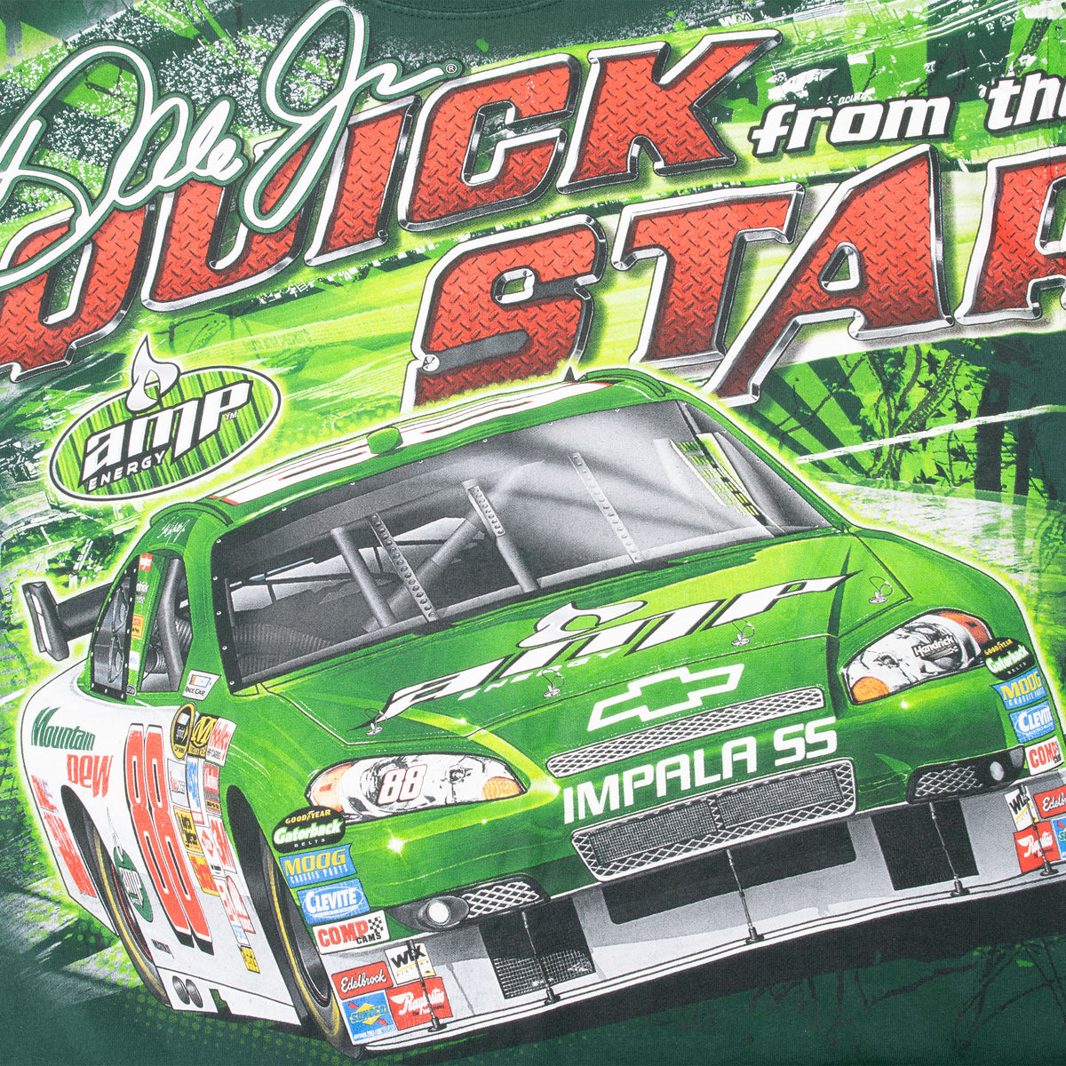 Close-up of front print with Dale Jr. signature, Kick from the Start text, and green No. 88 Impala SS