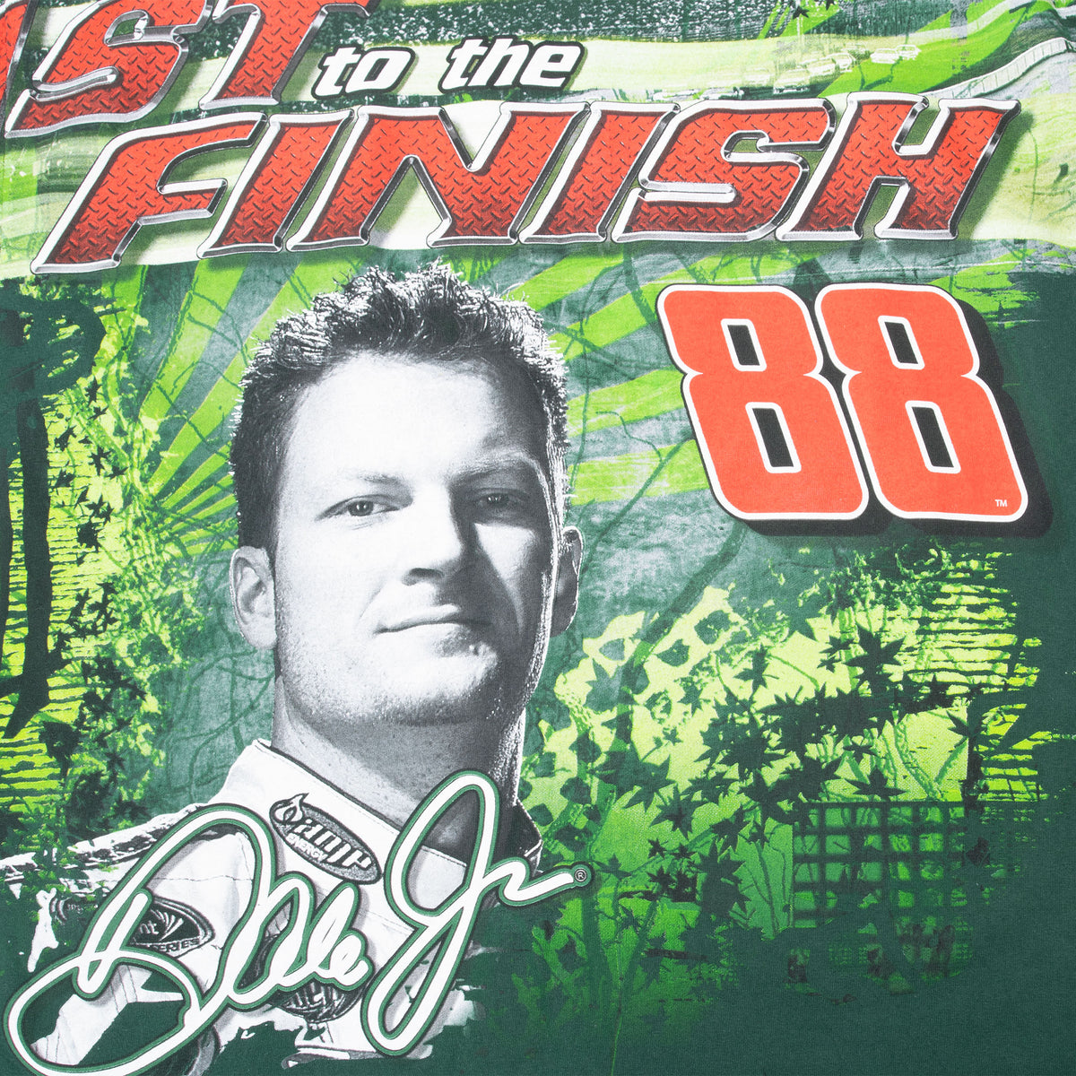 Close-up of back print with Dale Earnhardt Jr. portrait, signature, No. 88, and Finish text