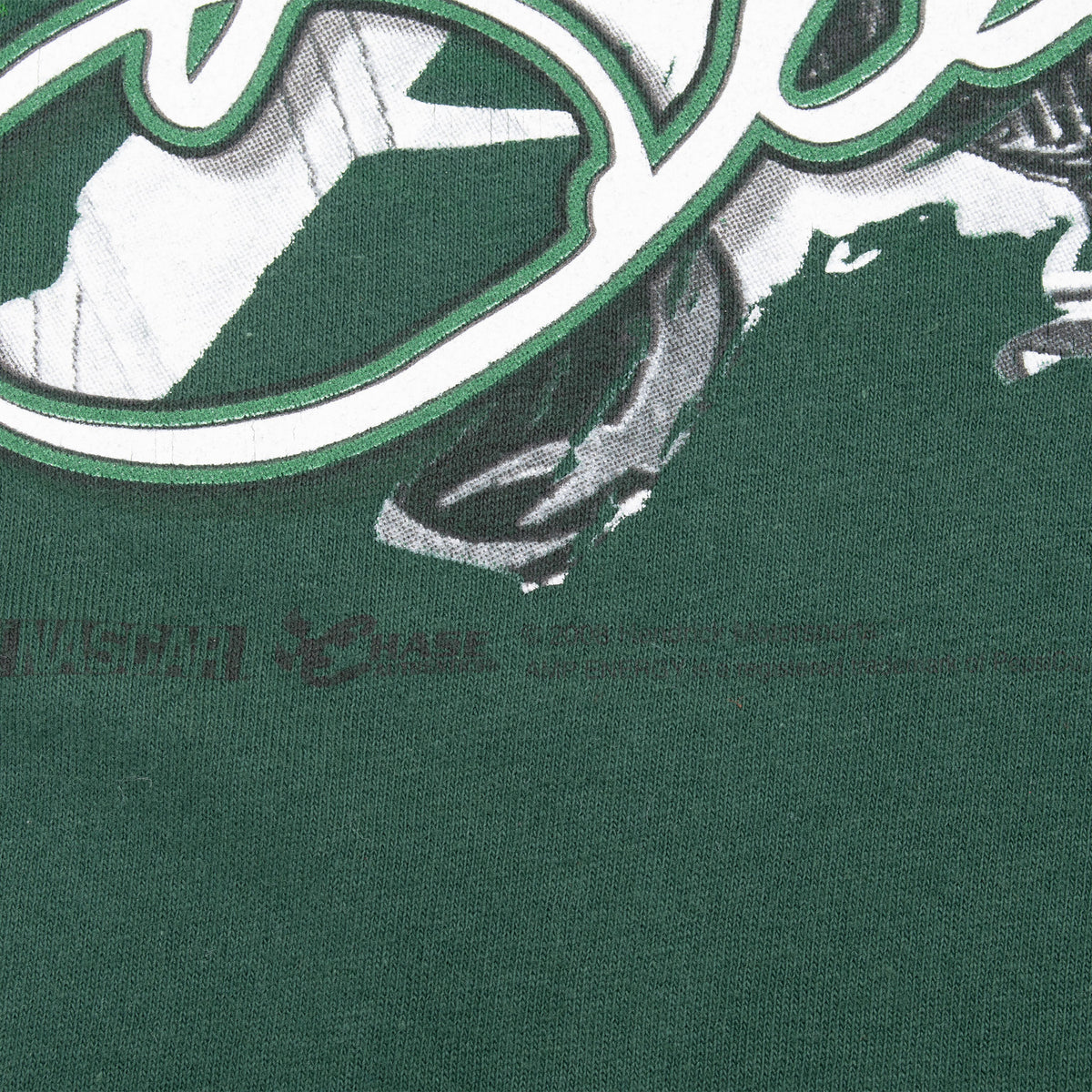 Close-up of green tee fabric and lower edge of the Dale Jr. graphic
