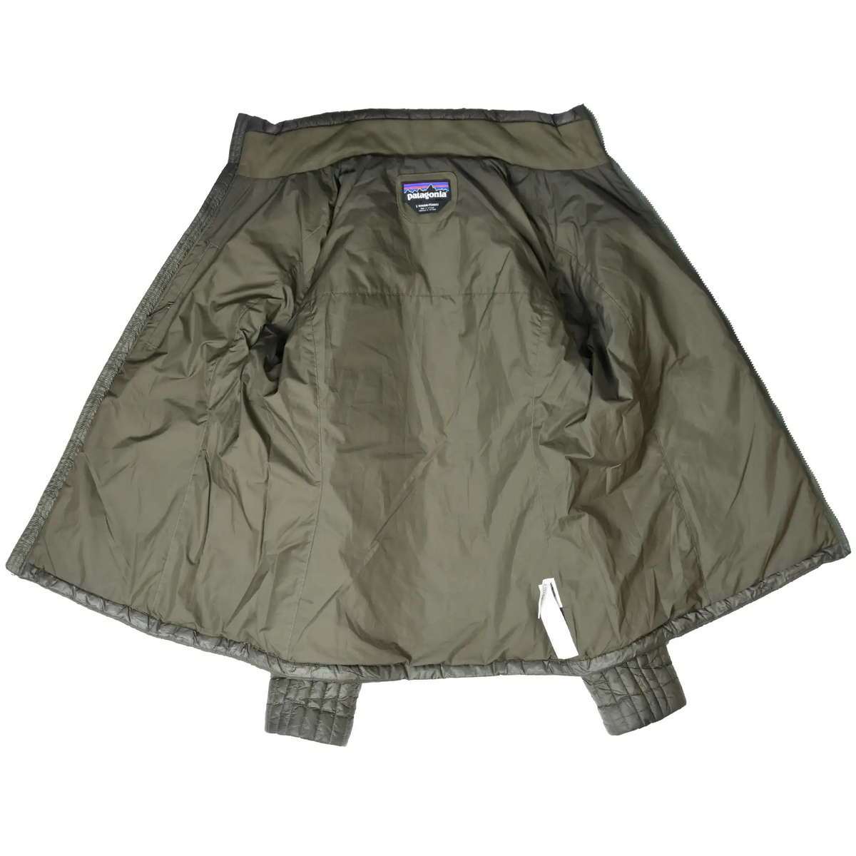 Open front view showing the green interior lining of Patagonia Radalie jacket