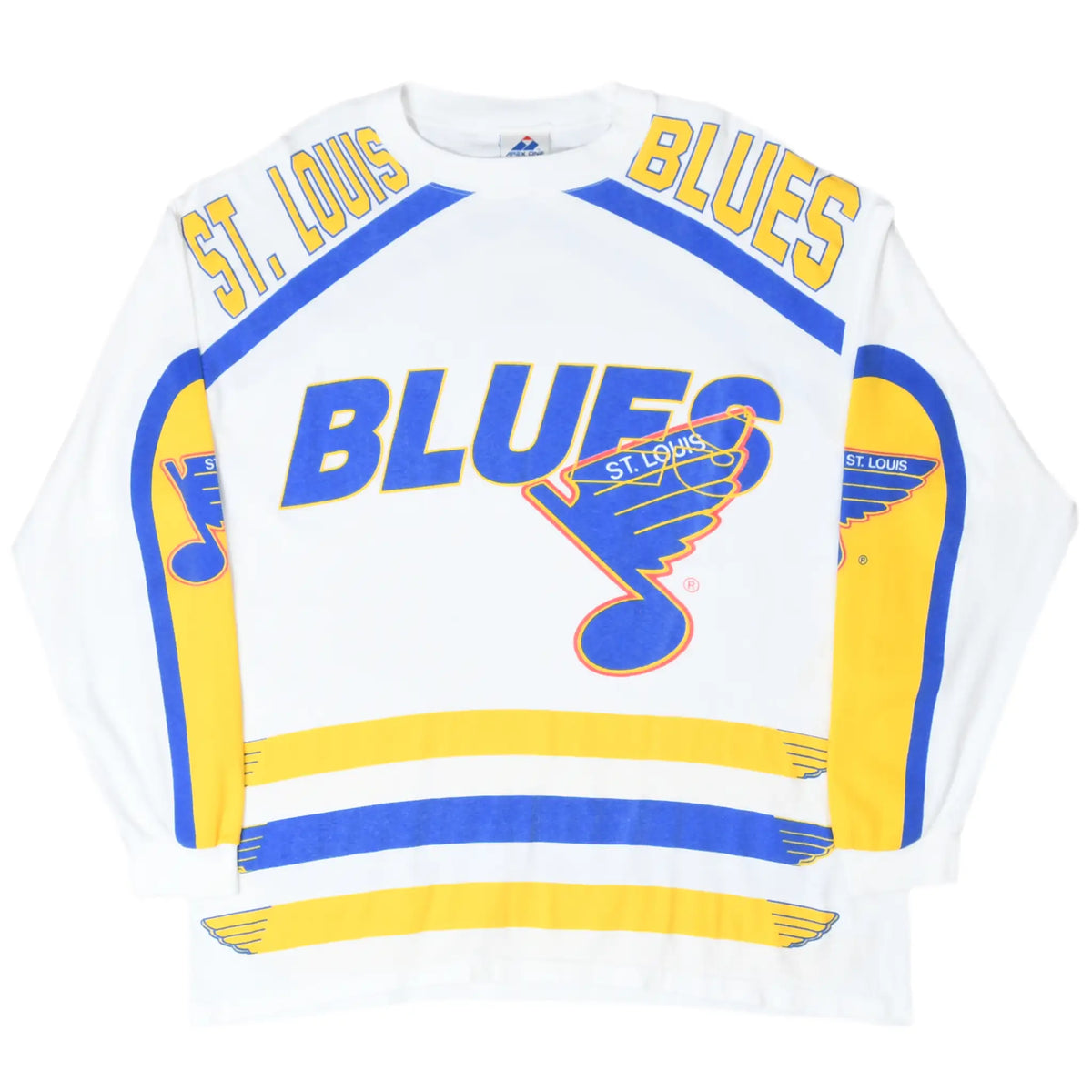 Full front of white St. Louis Blues long-sleeve tee with team name and musical note logo