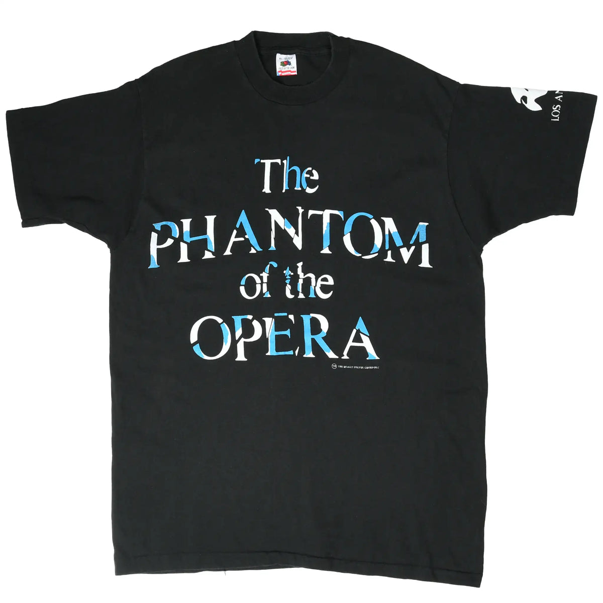 Full front view of black The Phantom of the Opera T-shirt with sleeve graphic
