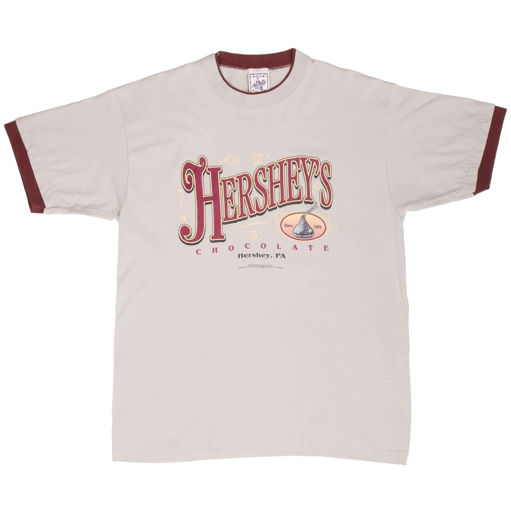 Full front of beige Hershey's Chocolate T-shirt with burgundy ringer trim and chest graphic
