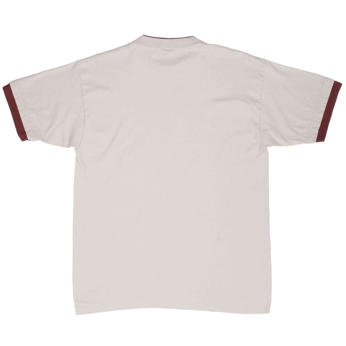 Plain back of beige Hershey's Chocolate T-shirt with burgundy sleeve and collar trim