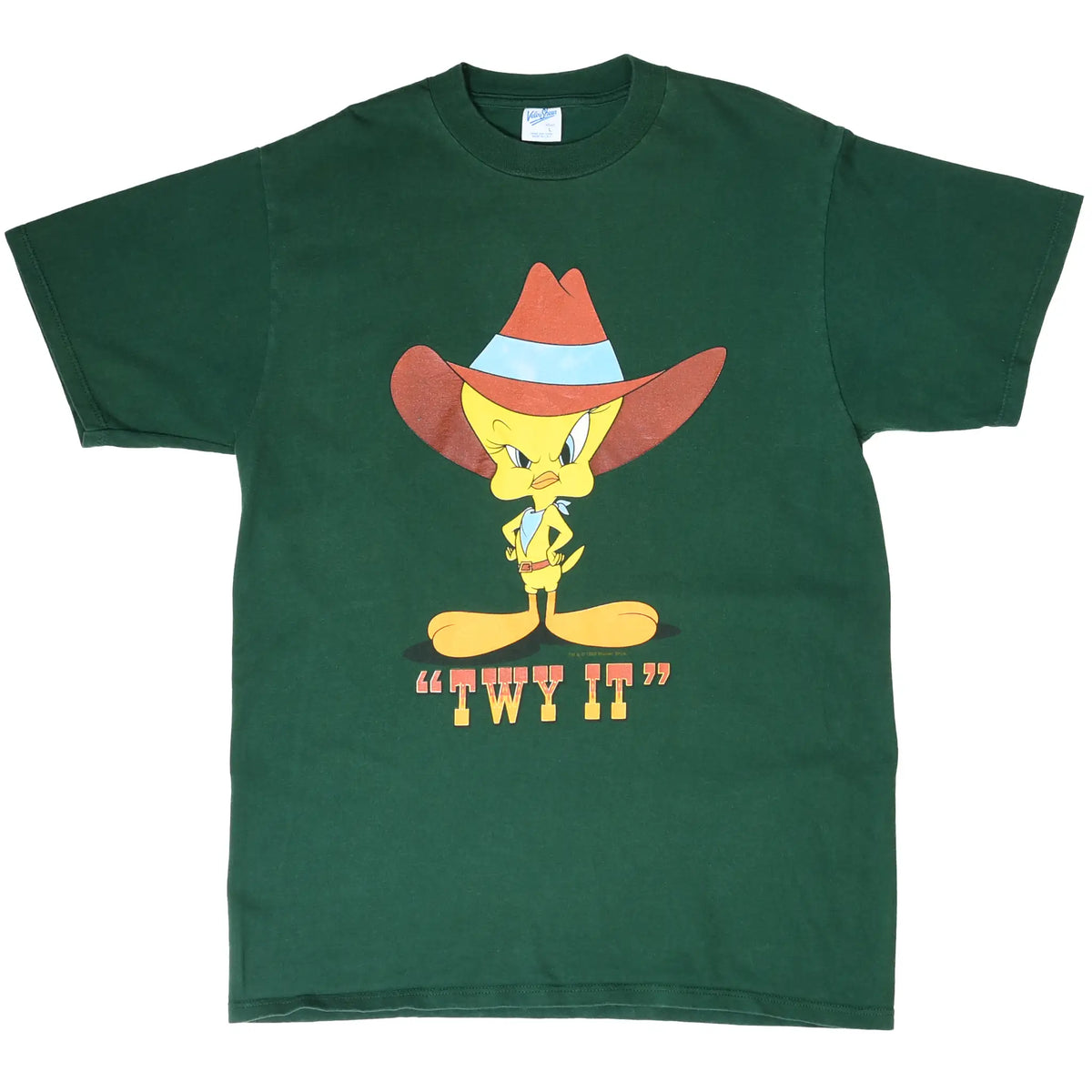 Full front view of dark green T-shirt with cowboy Tweety and “TWY IT” print