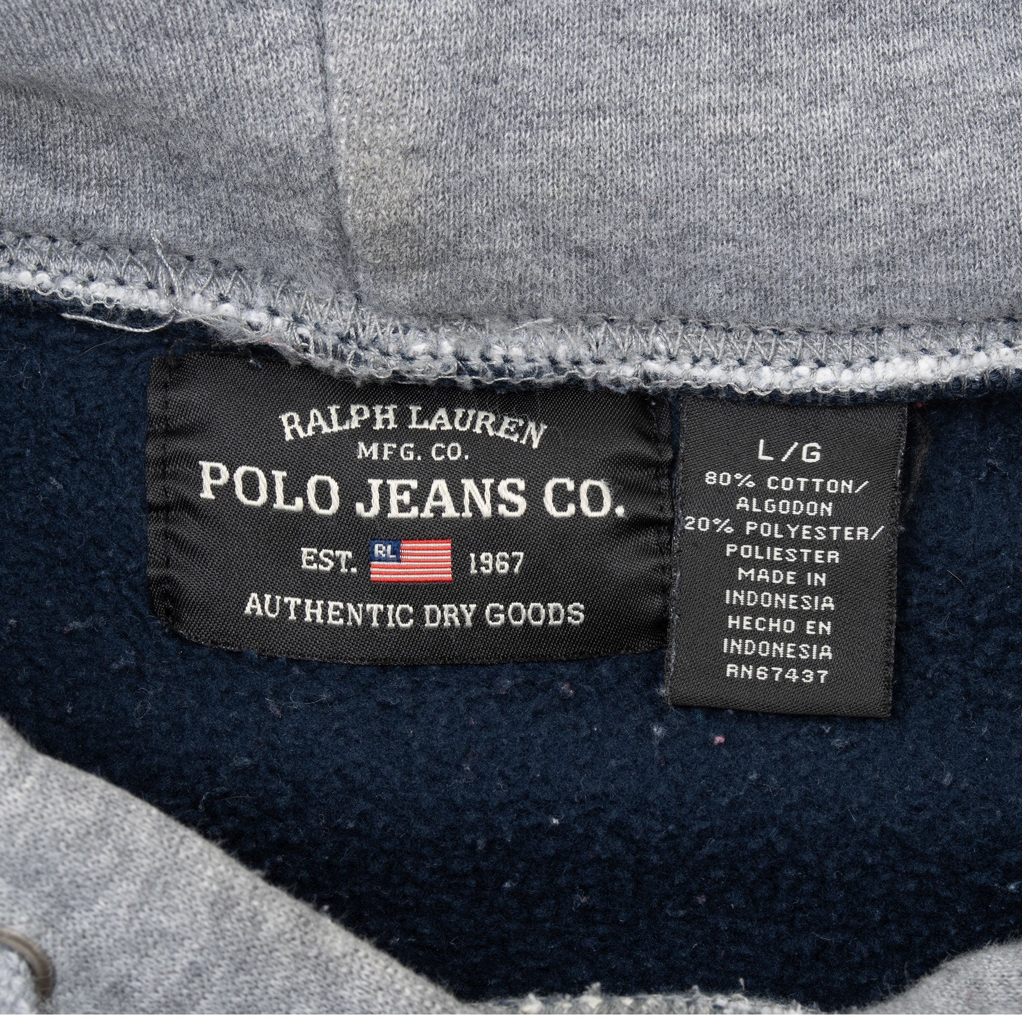 Ralph Lauren Polo Jeans Co. neck and size labels inside blue hoodie