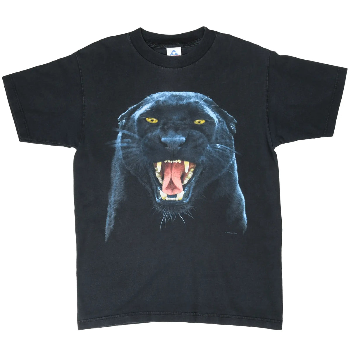 Full front view of black T-shirt with snarling panther graphic