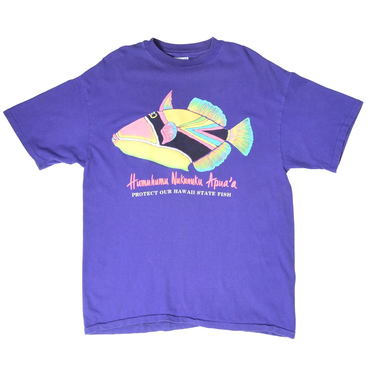 Full front view of purple T-shirt with colorful Hawaiian state fish graphic
