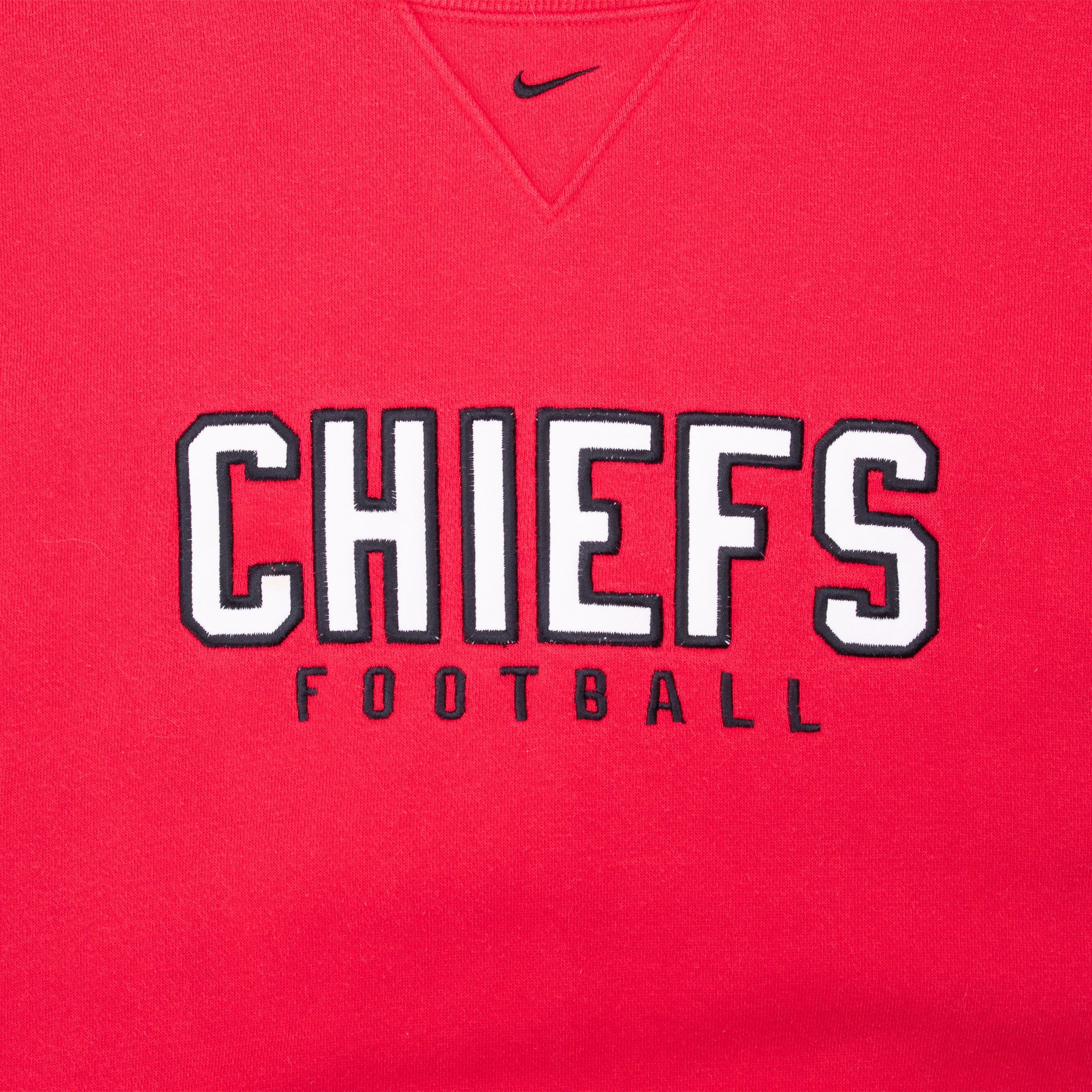 Chiefs Football chest embroidery in white and black on red sweatshirt