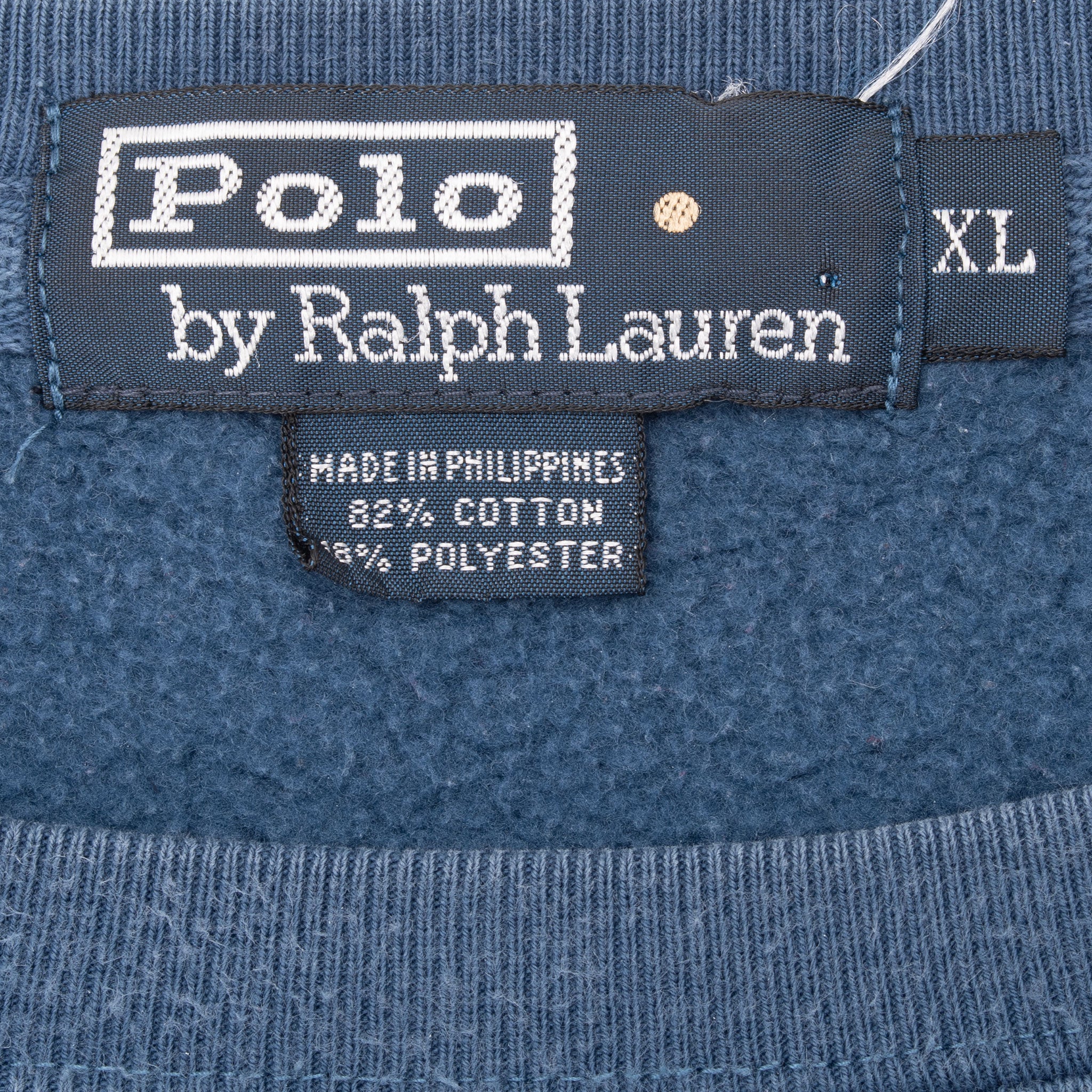 Polo by Ralph Lauren neck and XL size labels inside blue sweatshirt