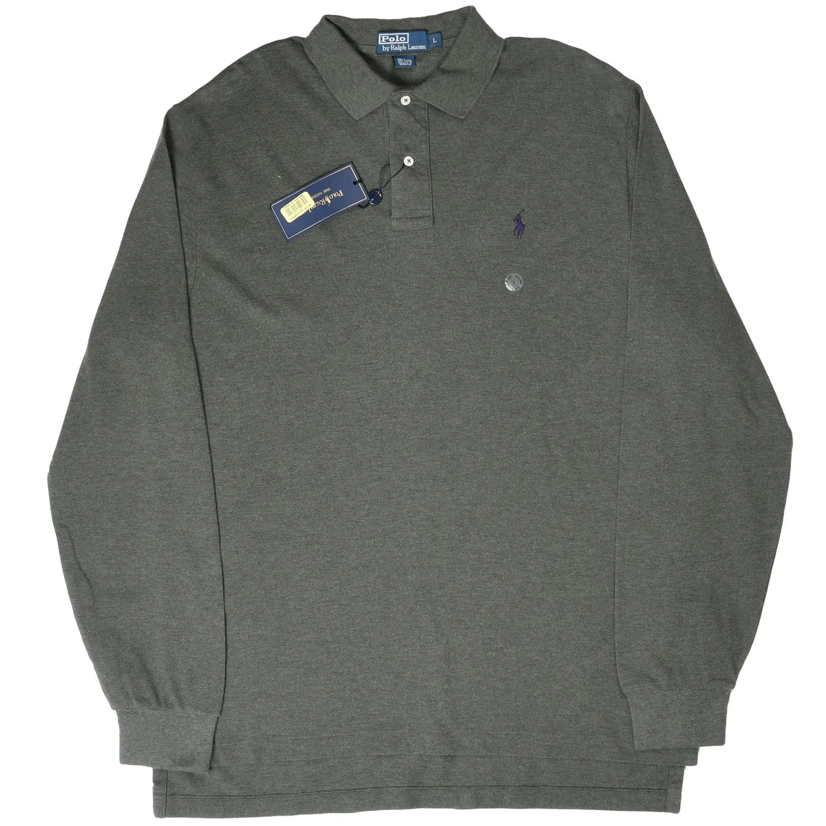 Front view of green Polo Ralph Lauren long-sleeve polo shirt with attached hangtag