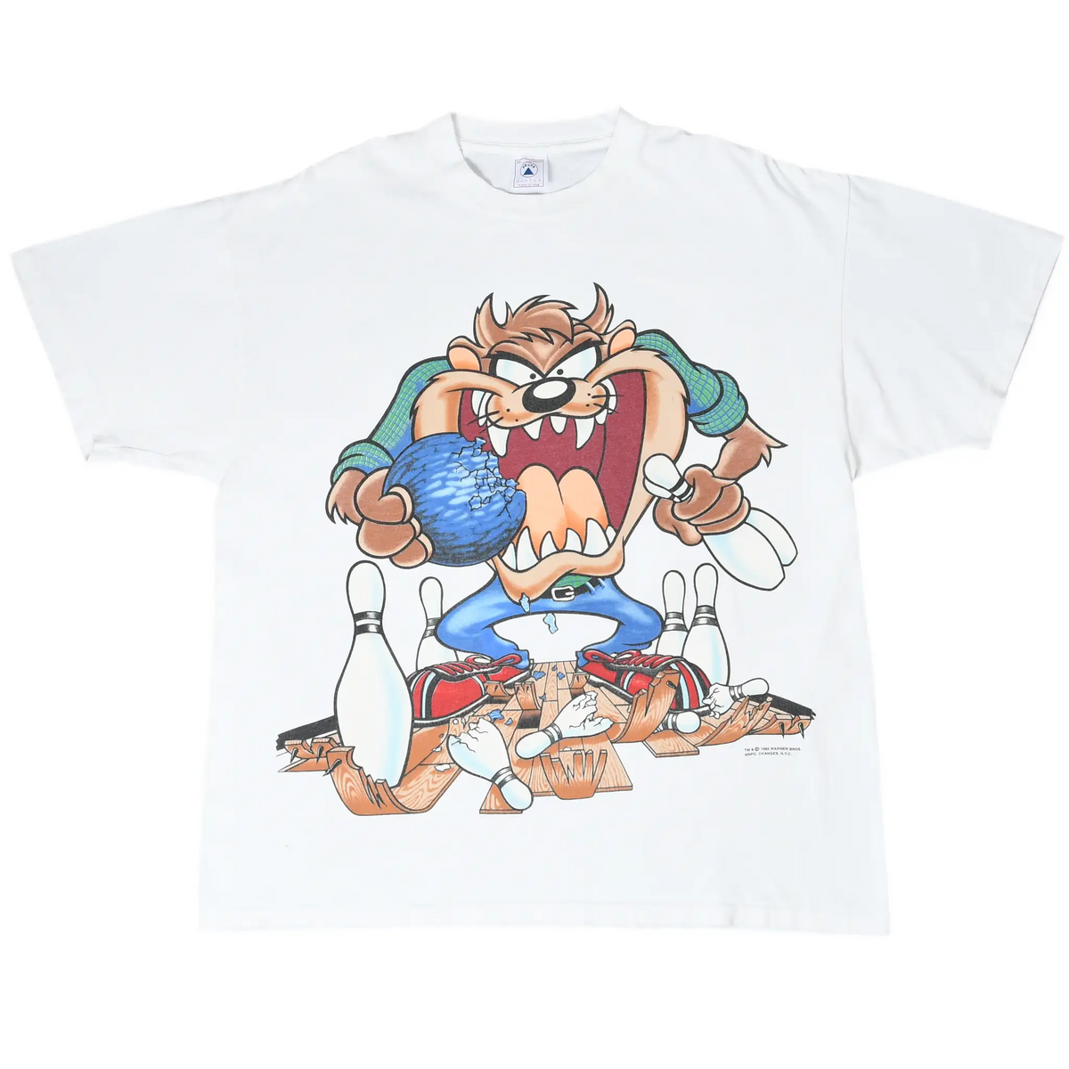 Front of white Looney Tunes T-shirt with Taz bowling graphic