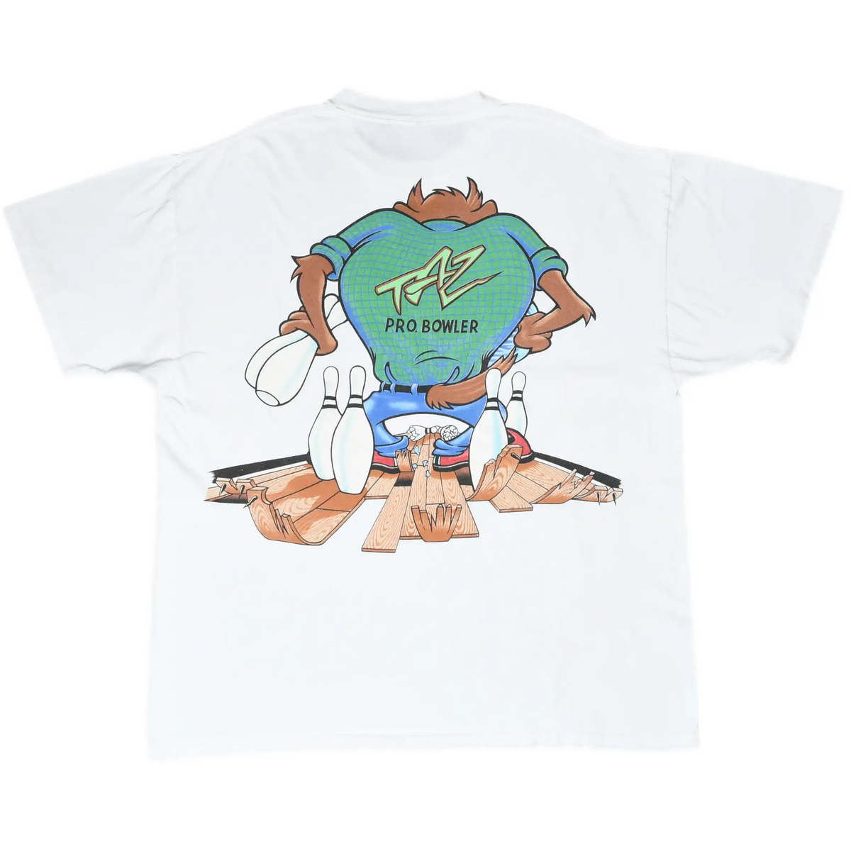 Back of white Looney Tunes T-shirt with Taz Pro Bowler graphic and bowling pins