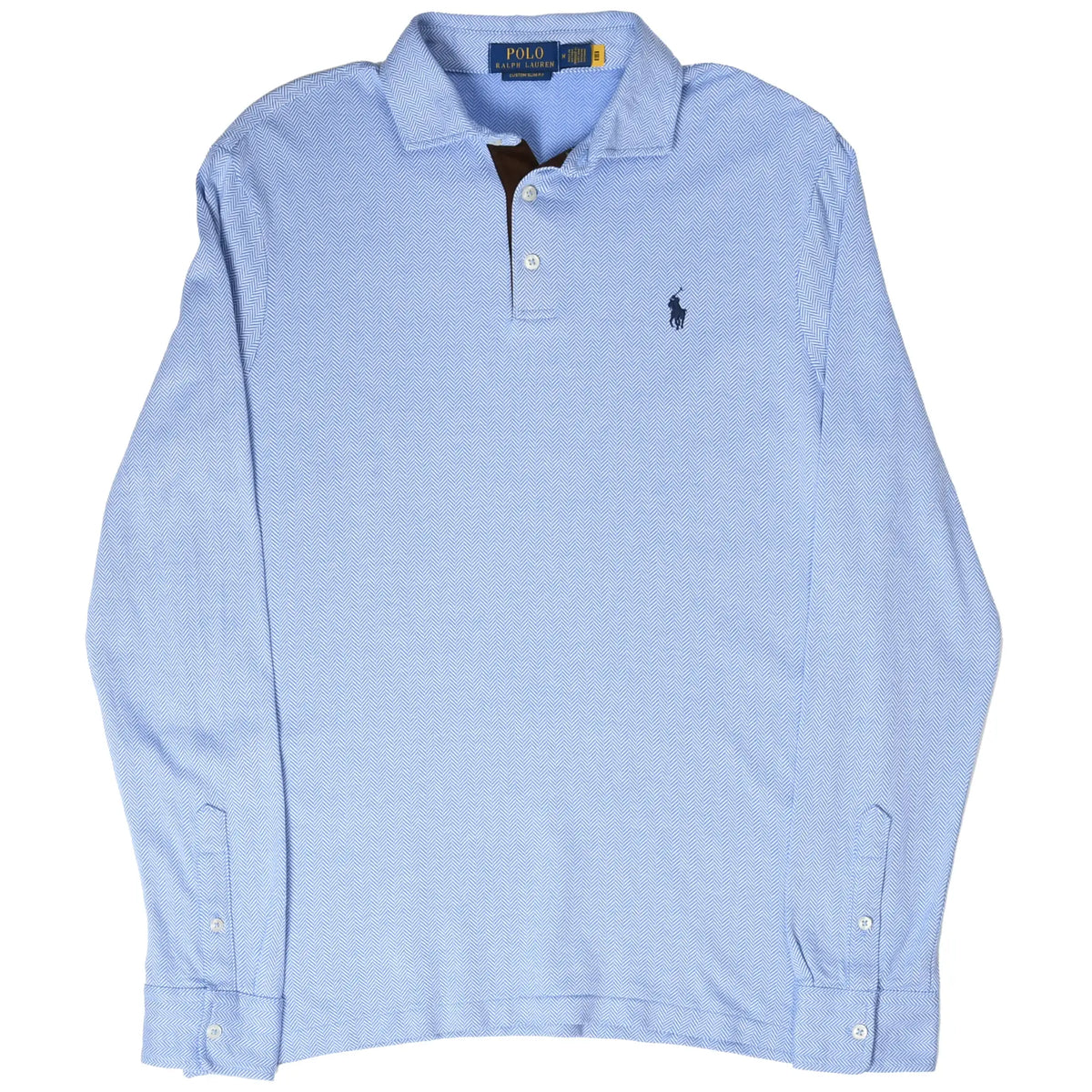 Front angled view of light blue Polo Ralph Lauren long-sleeve polo shirt