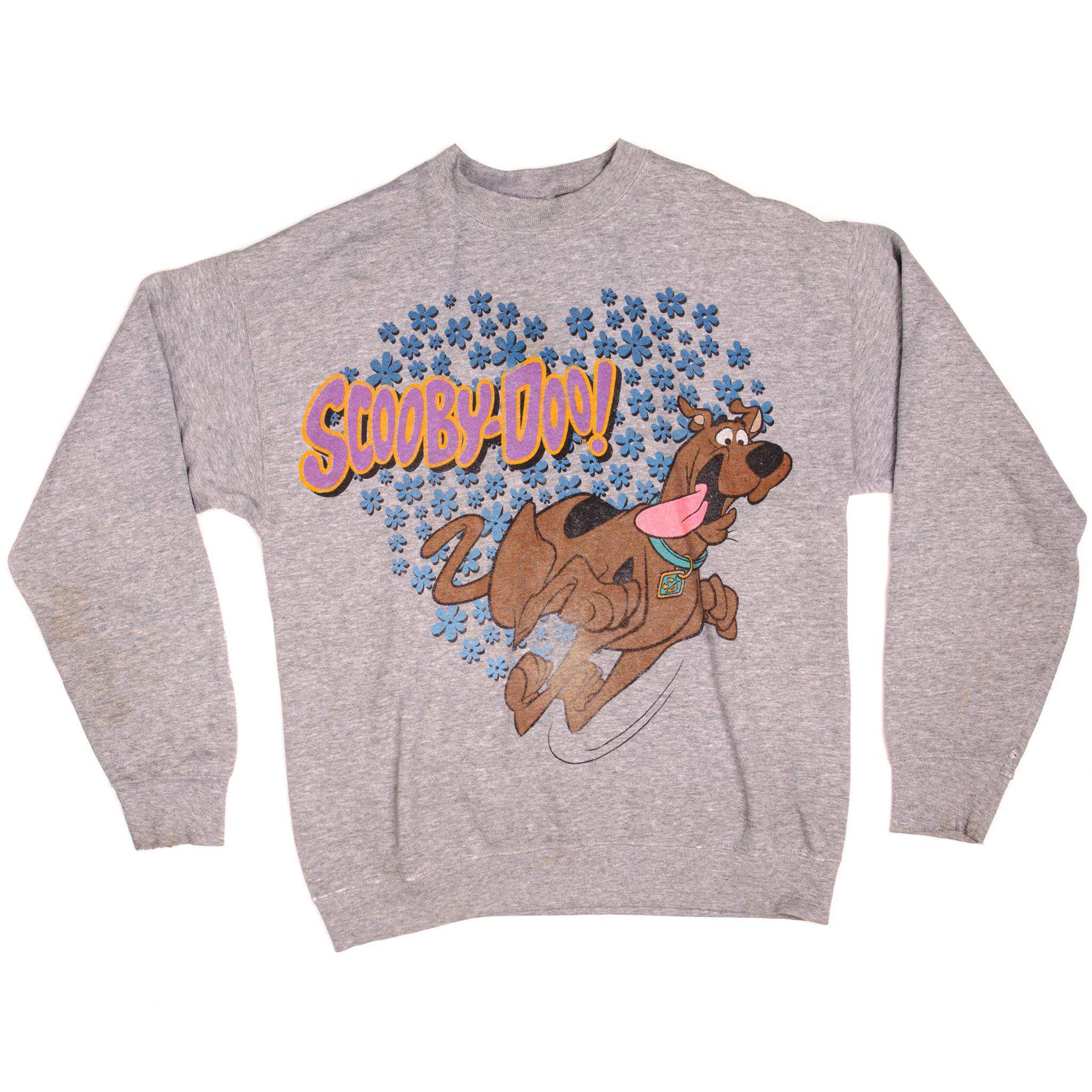 Full front of gray Scooby-Doo sweatshirt with running Scooby and blue flowers