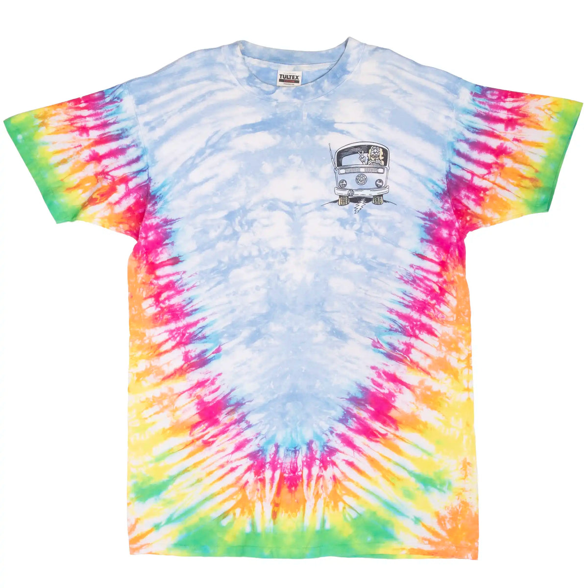 Full front of blue rainbow tie-dye Grateful Dead T-shirt with Volkswagen bus graphic