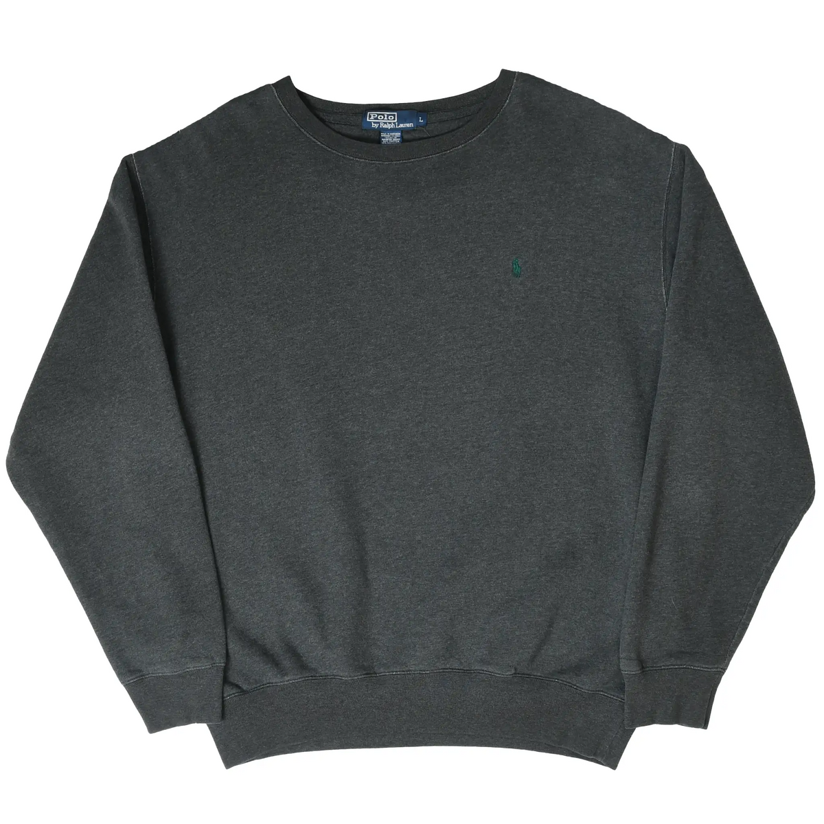 Full front view of dark grey Polo Ralph Lauren crewneck sweatshirt