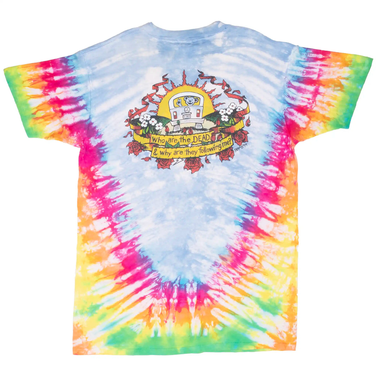 Back of Grateful Dead tie-dye T-shirt with colorful Volkswagen bus and roses graphic